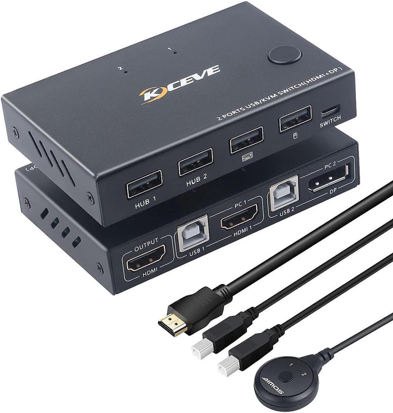 2 Ports Displayport HDMI KVM Switch Box, Displayport and HDMI KVM Switcher for 2 Computers Sharing One HD Monitor and 4 USB Devices Keyboard Mouse Printer, with DP to HDMI Adapter Function