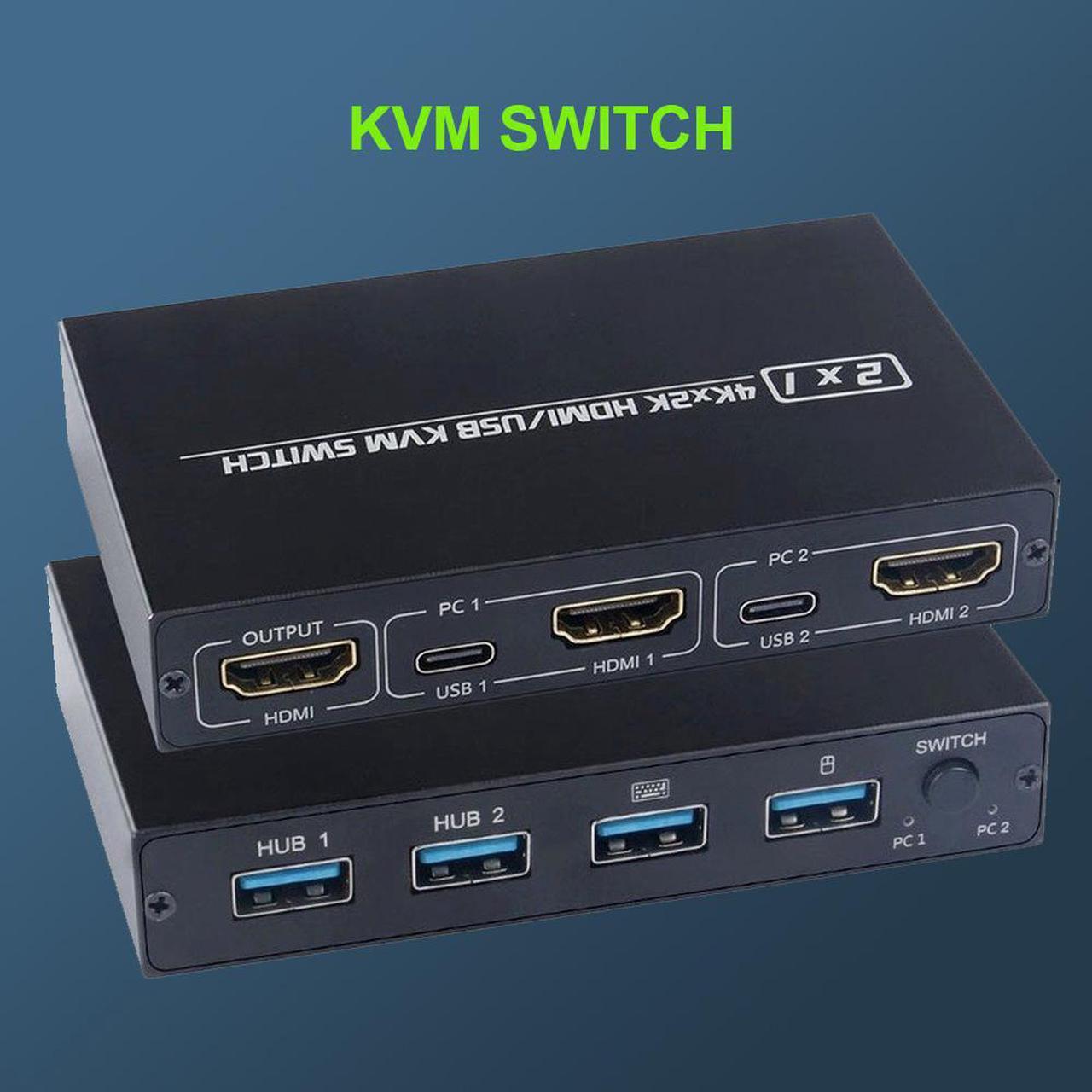 2 Ports HDMI KVM Switch Box, USB and HDMI Switch for 2 Computers Share 4 USB 2.0 Devices and one HD Monitor KVM Switcher Support 4K@30Hz for Laptop, PS3/PS4, Xbox, Sony Bluray Player