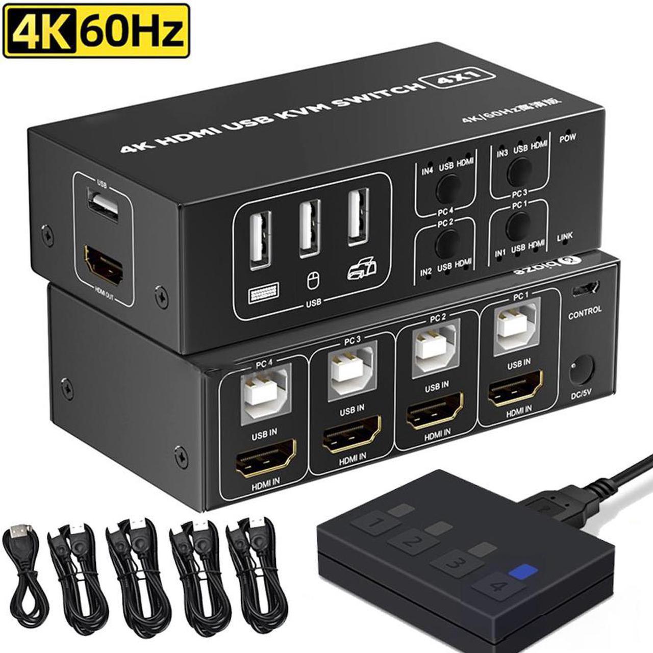 4x1 HDMI KVM Switch 4 Port, 4K @60Hz HDMI USB KVM HDMI Switch Share 4 Computers with One Monitor One-Button Swapping, 4 in 1 Out KVM Switcher for Mouse Keyboard Printer with 4 USB Cables 1 Power Cable