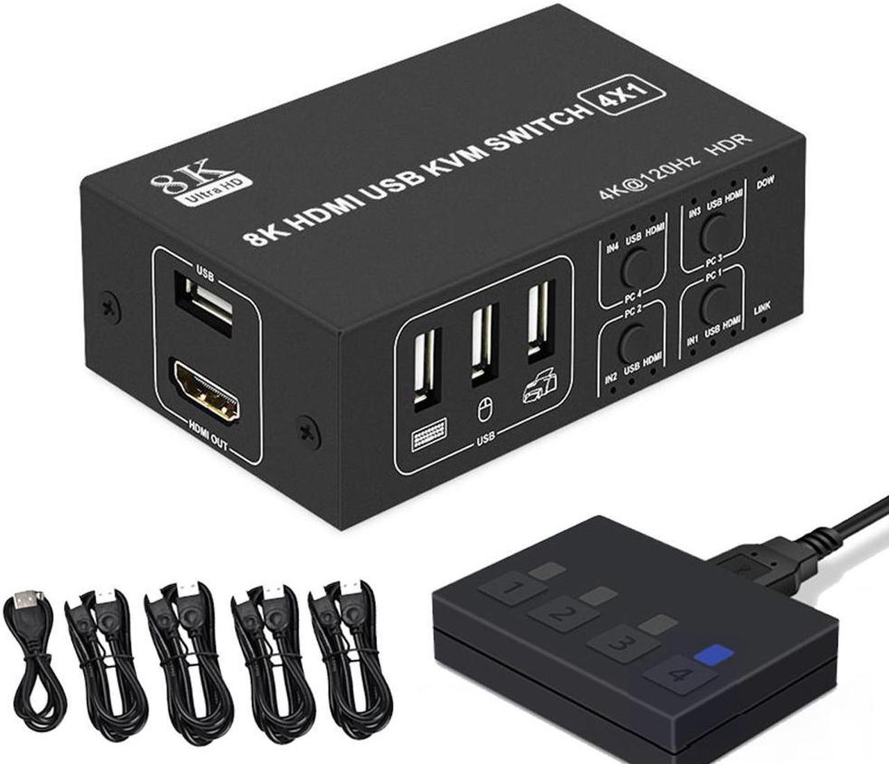 4x1 HDMI KVM Switch 4 Port, 8K @60Hz 4K@120Hz HDMI USB KVM HDMI Switch Share 4 Computers with One Monitor One-Button Swapping, 4 in 1 Out KVM Switcher for PC Laptop with 4 USB Cables 1 Power Cable