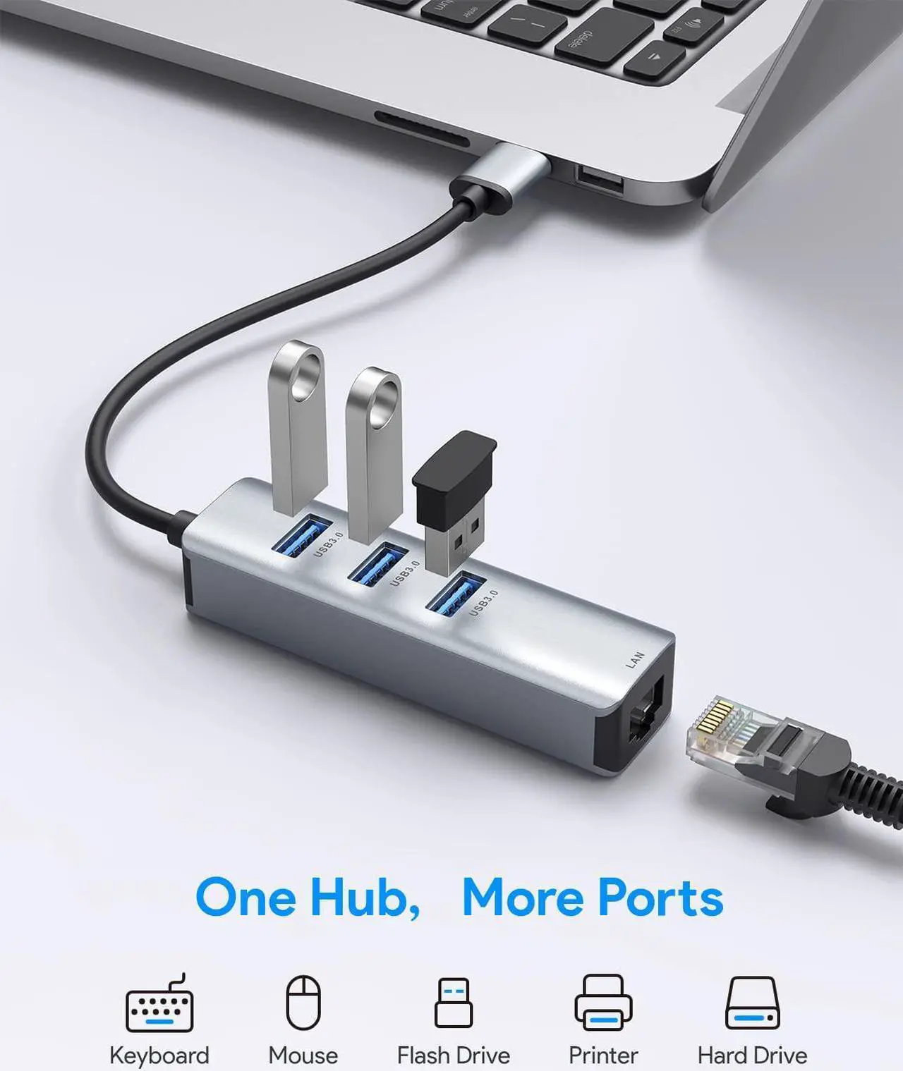 Alt view image 2 of 7 - USB 3.0 to Ethernet Adapter, 3-Port USB 3.0 Hub with RJ45 10/100/1000Mbps Gigabit Ethernet Adapter Support Windows 10,8.1,Mac OS, Sur-face Pro,Linux,Chromebook and More (Gray)