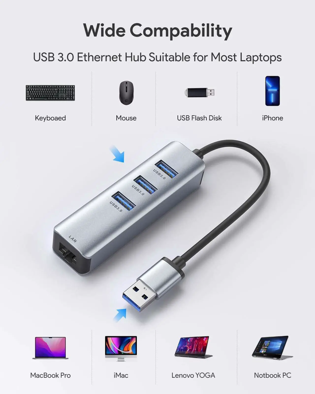Alt view image 5 of 7 - USB 3.0 to Ethernet Adapter, 3-Port USB 3.0 Hub with RJ45 10/100/1000Mbps Gigabit Ethernet Adapter Support Windows 10,8.1,Mac OS, Sur-face Pro,Linux,Chromebook and More (Gray)