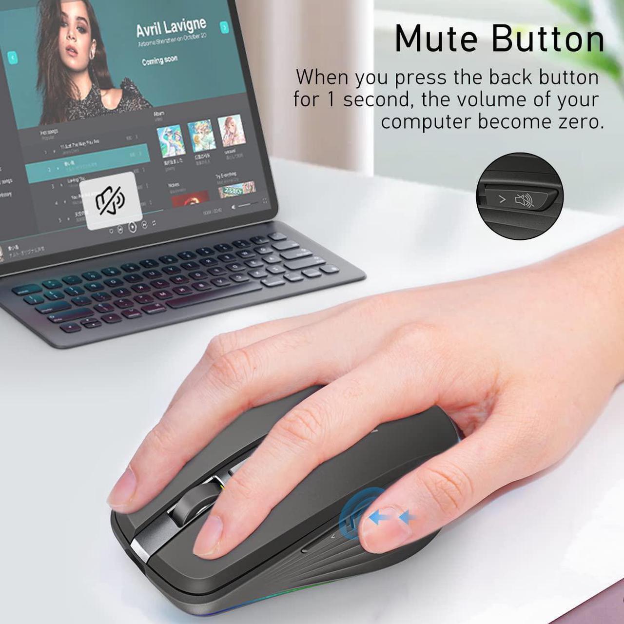 Alt view image 3 of 7 - Rechargeable Wireless Mouse, Silent Mouse with RGB Lights Gaming Mice, 2.4G Wireless & Bluetooth 5.1 Dual Mode 2400 DPI USB-C 700mAh Battery, Ergonomic Mouse for PC, Computer, Laptop, Desktop (Black)