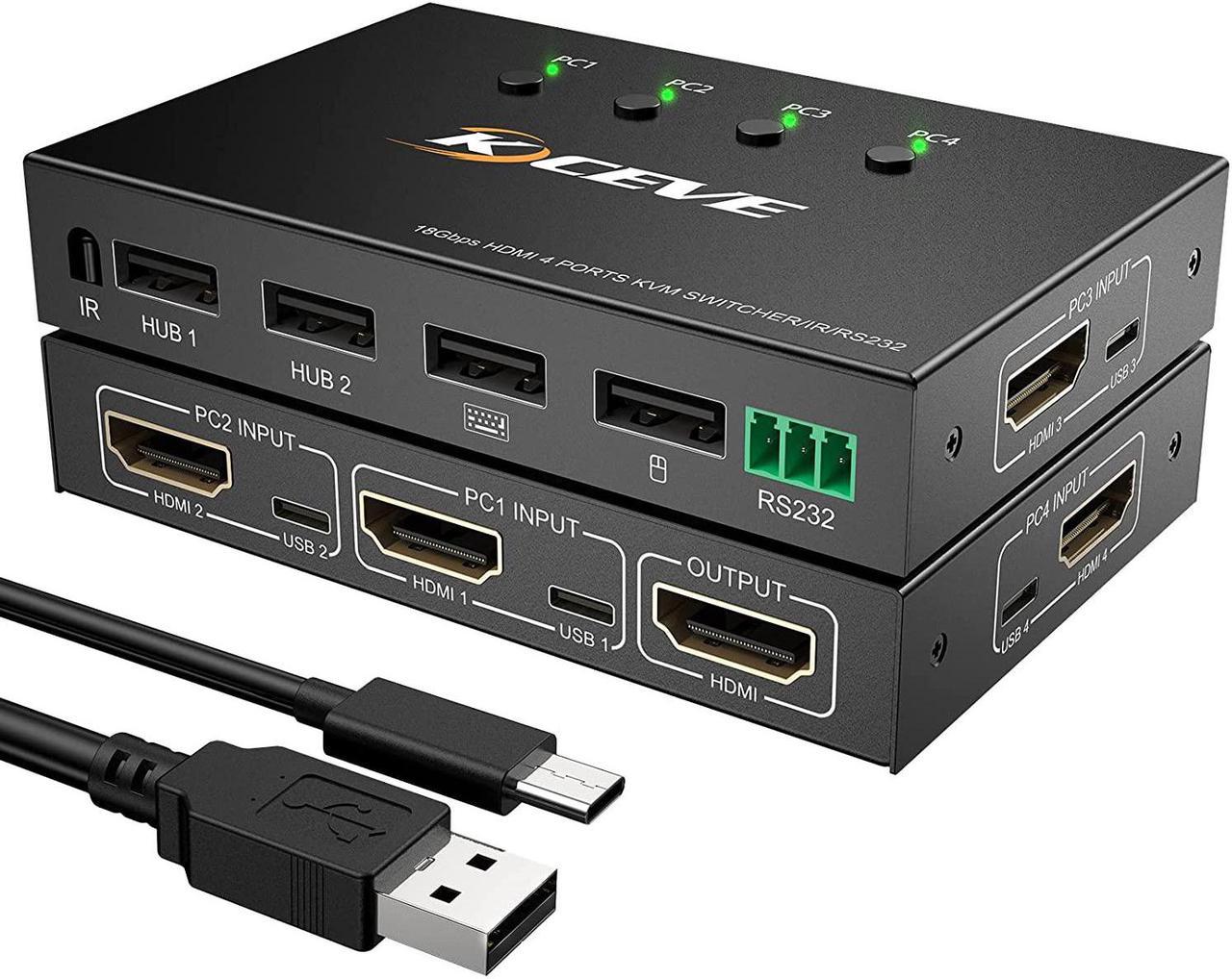 4 Port HDMI KVM Switch with Serial Port Control, 4K @60Hz 4 in 1 Out HDMI KVM Switcher Box for Share Mouse Keyboard and Monitor, Can Work with Pi-kvm, Compatible with Windows/Linux/Mac System