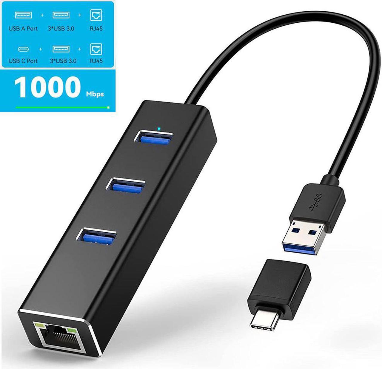 USB 3.0 to Ethernet Adapter, Aluminum USB 3.0 Hub with 3 Port USB 3.0, 10/100/1000Mbps Gigabit RJ45 Network LAN USB Hub with Type C Adapter for Windows 7/8/8.1/10, Linux, Vista, Mac OS etc