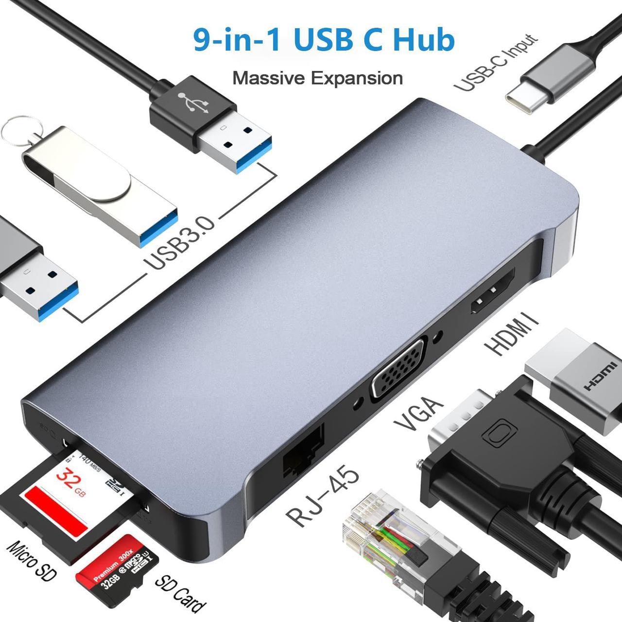 USB C Hub, 9 in 1 Aluminum Adapter with 100W Power Delivery, RJ45 Ethernet, 4K HDMI, VGA, 3 USB 3.0 Ports, SD/TF, USB C Dongle for M-a-c-B-o-o-k Pro/Air Thunderbolt 3 Multiport Dock USB Type C Laptop