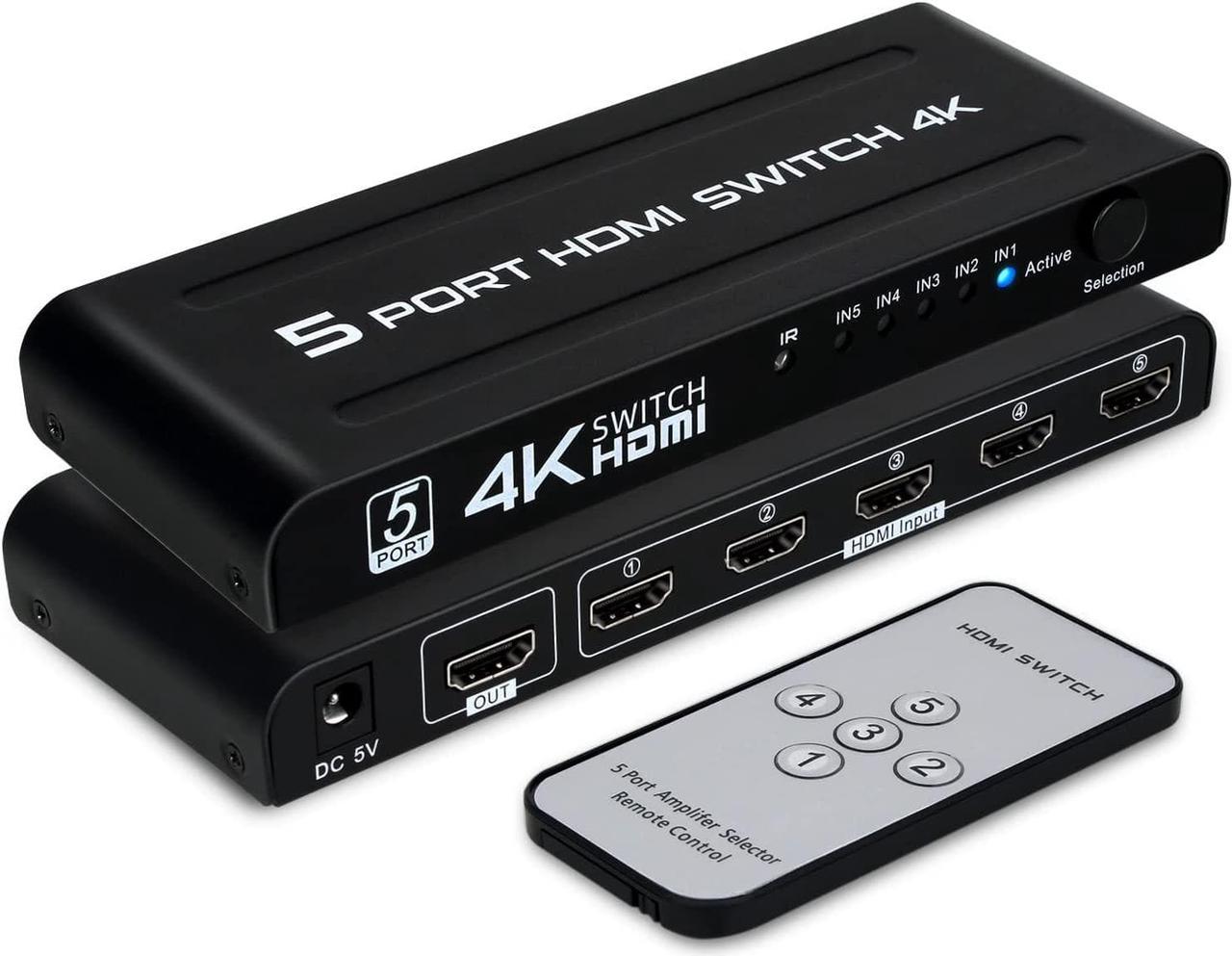 HDMI Switch 5 in 1 Out, 5 Port HDMI Switcher Selector Box with IR Remote Control & Auto Switch, Support 4K @30Hz, HDR, HDCP, 3D, 1080P for HDTV PS3 PS4 Xbox Projector Blu-ray Player (Black)