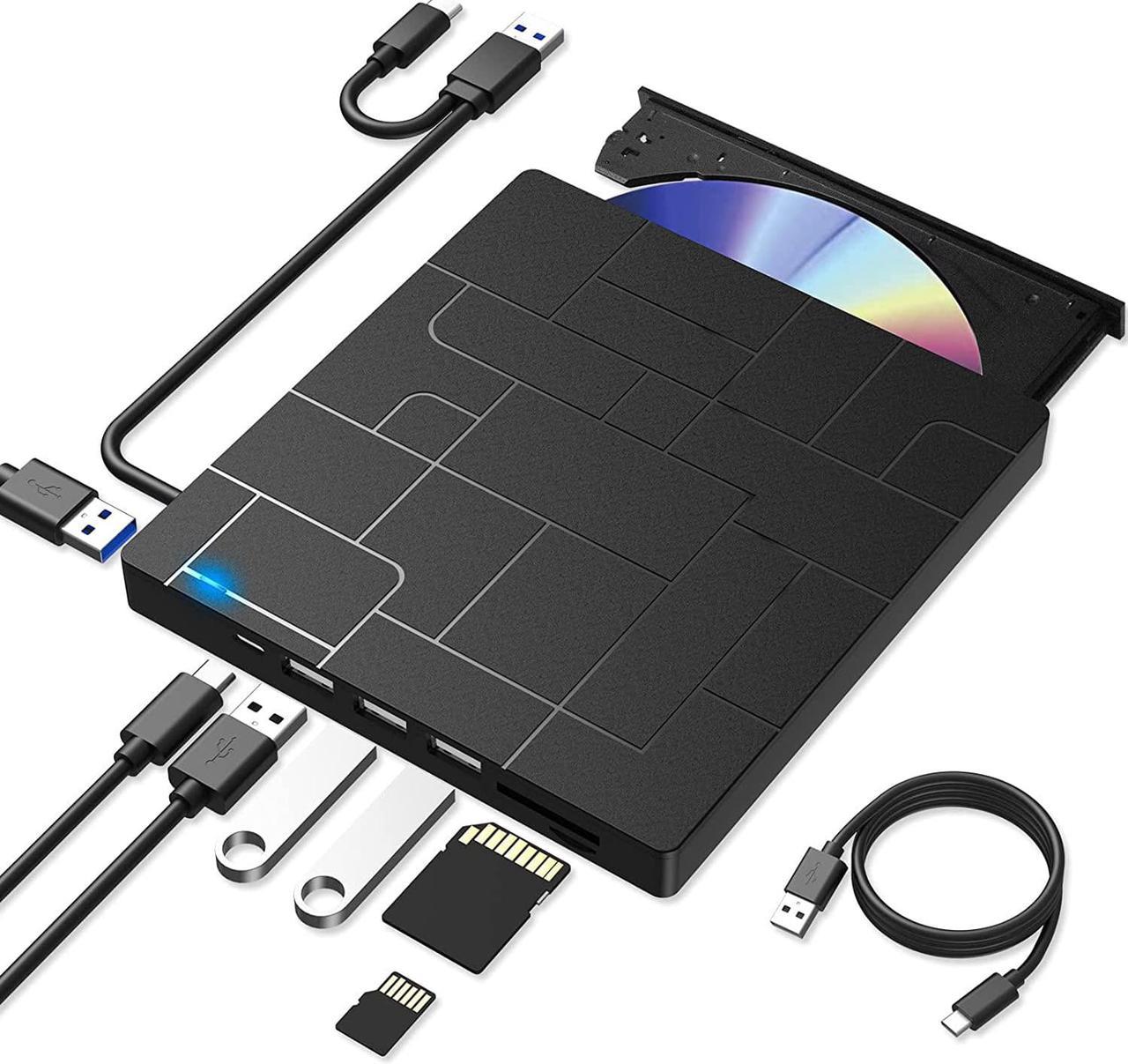 External CD DVD Drive, USB 3.0 & USB C High Speed Data Transfer Ultra Slim Portable DVD-ROM CD-RW Player, 6-in1 External CD DVD Burner for Laptop with 4 USB Ports, SD/TF Card Slots,1 Type-C Ports