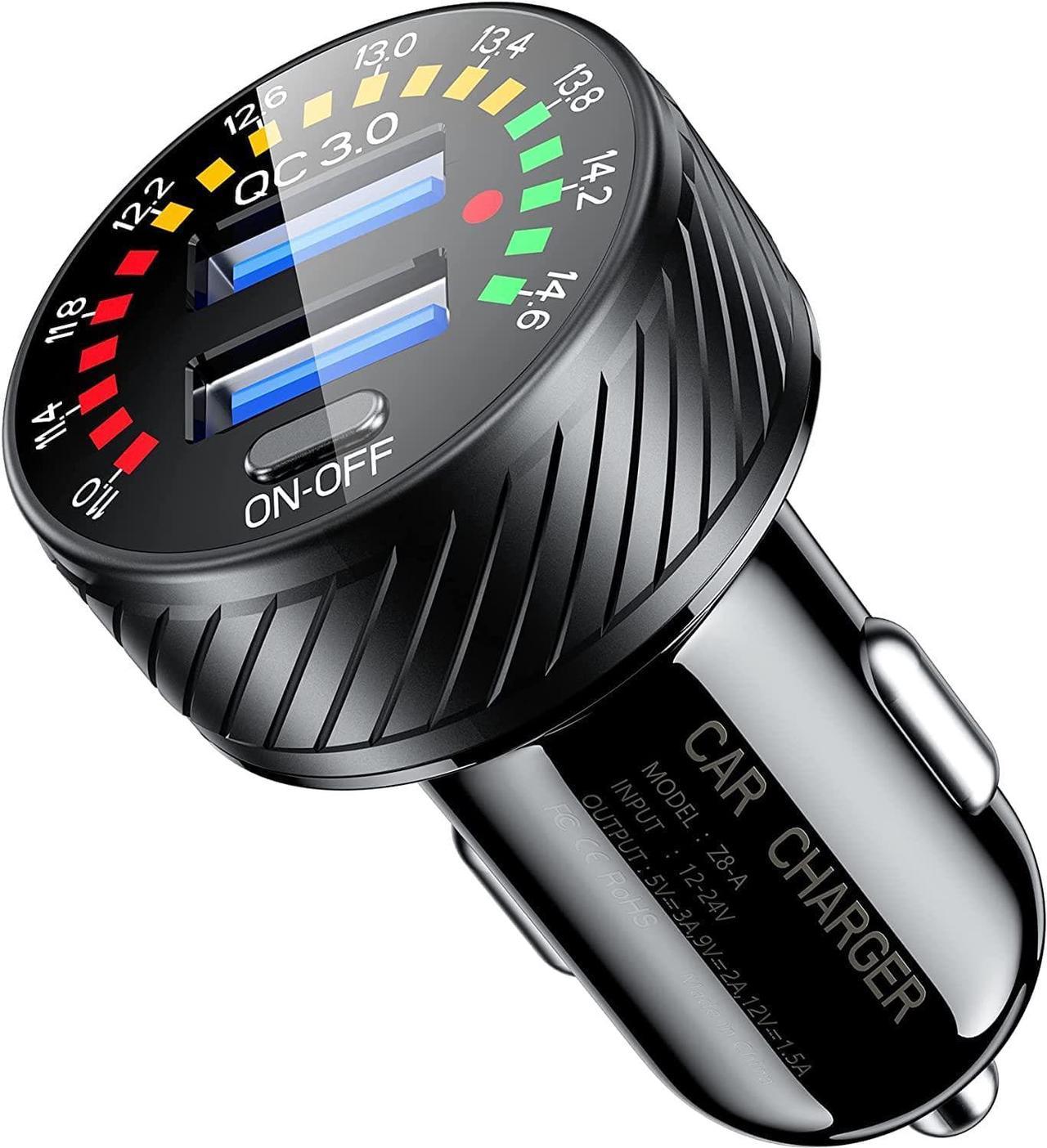 Car Charger, 36W Fast Car Charger Adapter, Dual USB Car Charger Fast Charge with Colorful Voltmeter & ON/Off Switch (Black)