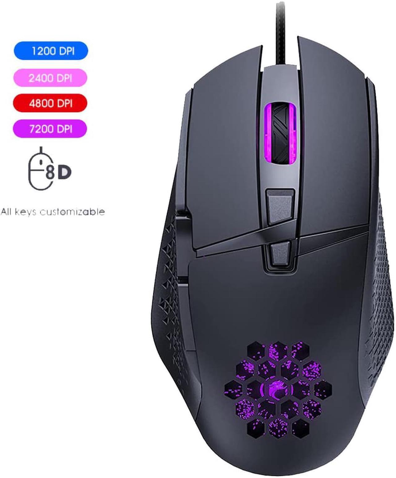 Gaming Mouse, Wired Mouse with RGB Backlight Cellular Design 8 Buttons 7200 DPI 4-Level Adjustable USB Port Mouse, Computer Optical Ergonomic PC Gaming Mice Compatible with Windows MacOS (Black)