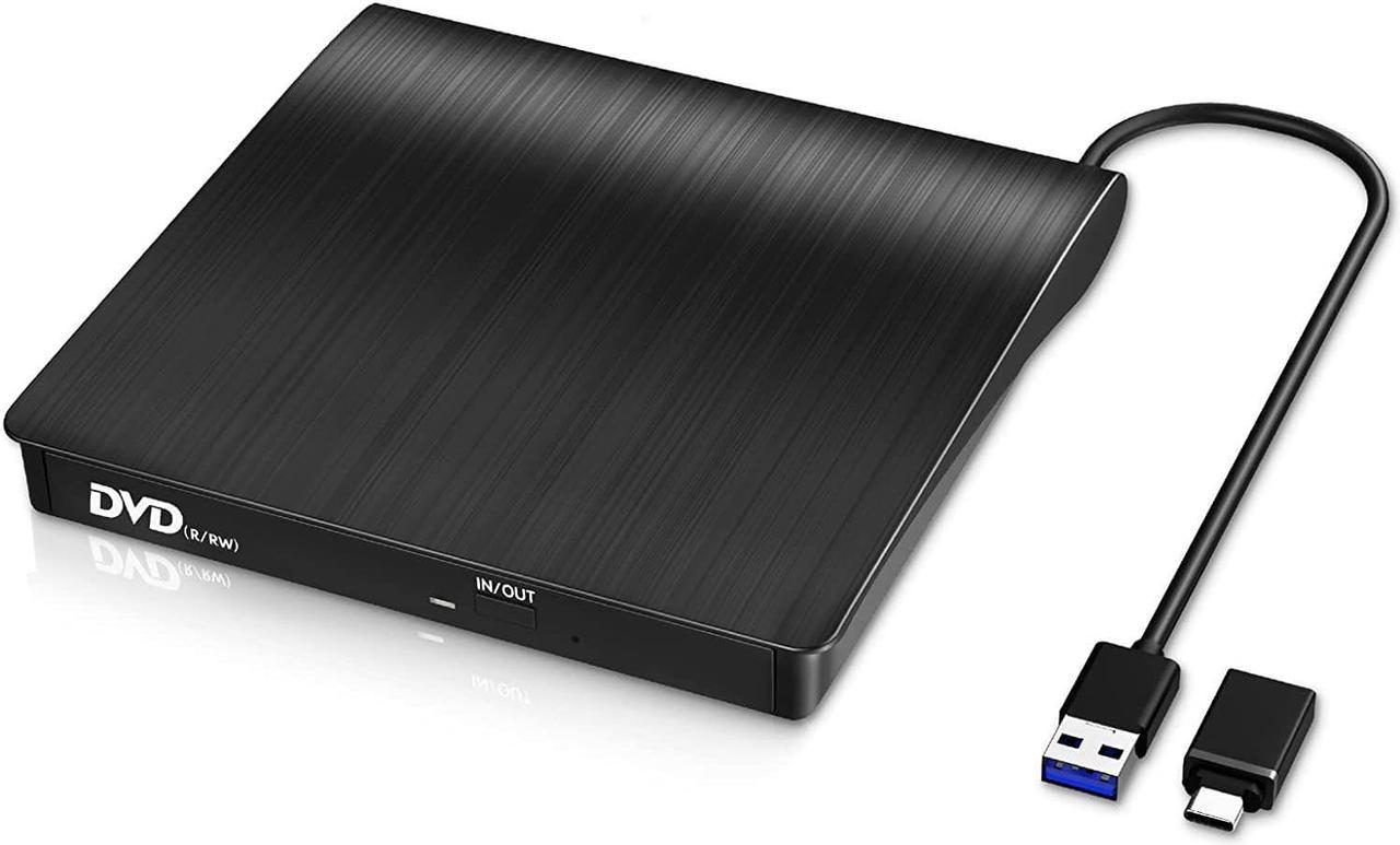 External CD DVD Drive, External CD/DVD-RW Burner Optical DVD Drive USB 3.0 & Type-C, External CD Drive for Laptop, Desktop PC, Compatible with Windows 11/10/8/7/XP, Vista 7/8, Linux, MacOS (Black)