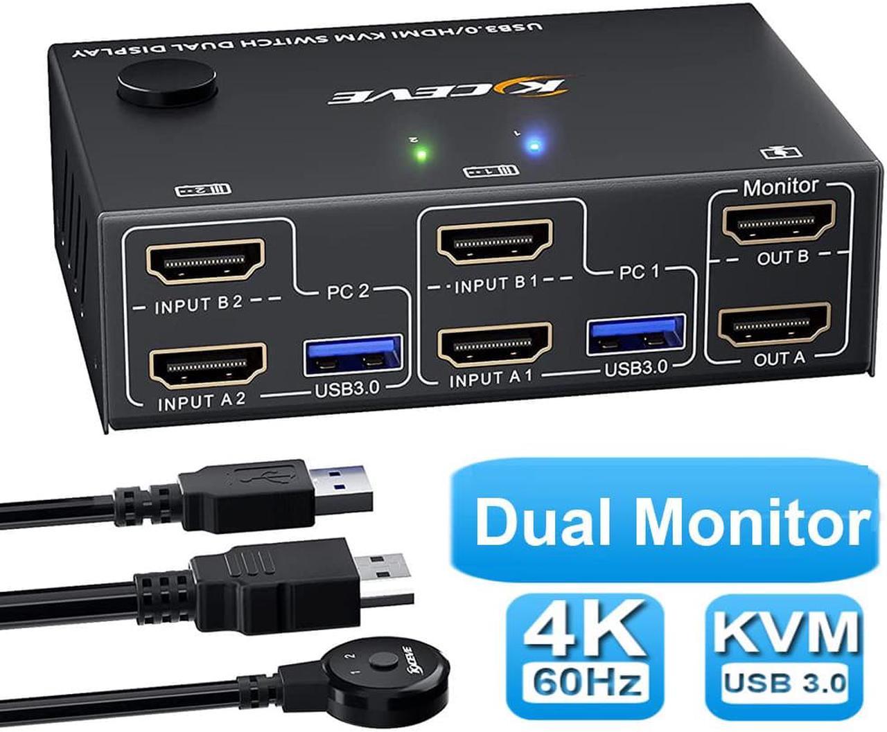 2 Port 4K @60Hz Dual Monitor HDMI KVM Switch with USB 3.0 Port Simulation EDID, USB HDMI Extended Display Switcher for 2 Computers Share 2 Monitors and 4 USB 3.0 Devices, with Wired Controller&Cables