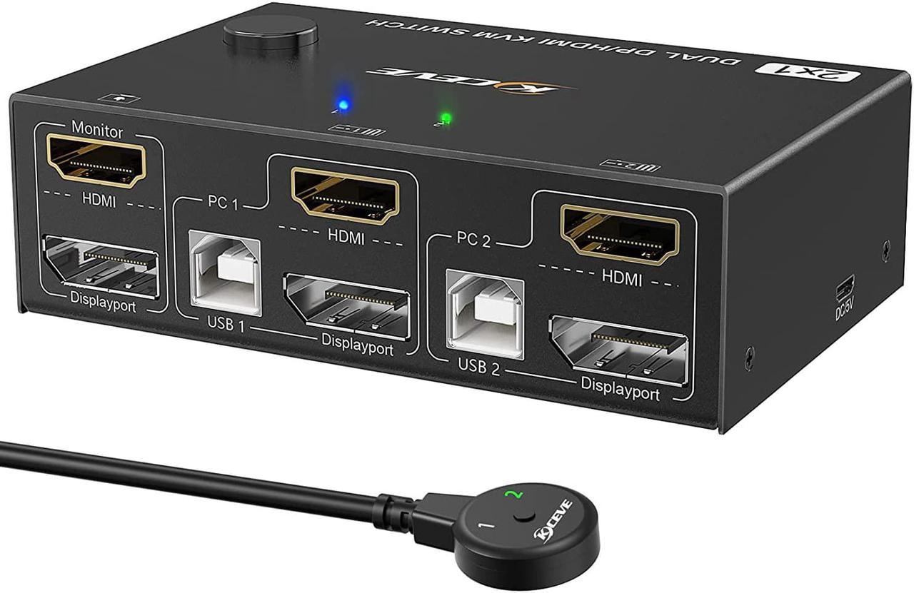 2 Port Dual Monitor DP + HDMI KVM Switch 2 Computer 2 Monitors, DisplayPort HDMI USB KVM Switcher, Supports 4K @60Hz for 2 computers sharing keyboard, mouse and monitor, with Wired Controller Cable