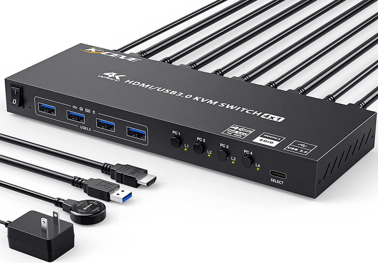 USB 3.0 KVM Switch HDMI 4 Port Support 4K @60Hz 2K @120Hz Simulation EDID, USB HDMI KVM Switch 4 in 1 Out for 4 Computers Share 1 Monitor and 4 USB 3.0 Port, with Desktop Controller and KVM Cables