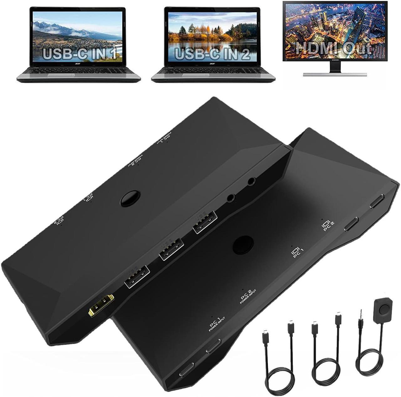 USB C KVM Switcher 4K @60Hz, 2 in 1 Out Type-C KVM Switch for 2 Computers Share 1 HDMI Monitor + 3 USB Input + 2 PD 60W Input + Audio Microphone Output, USB C KVM with 2 USB-C Cables and Wired Remote