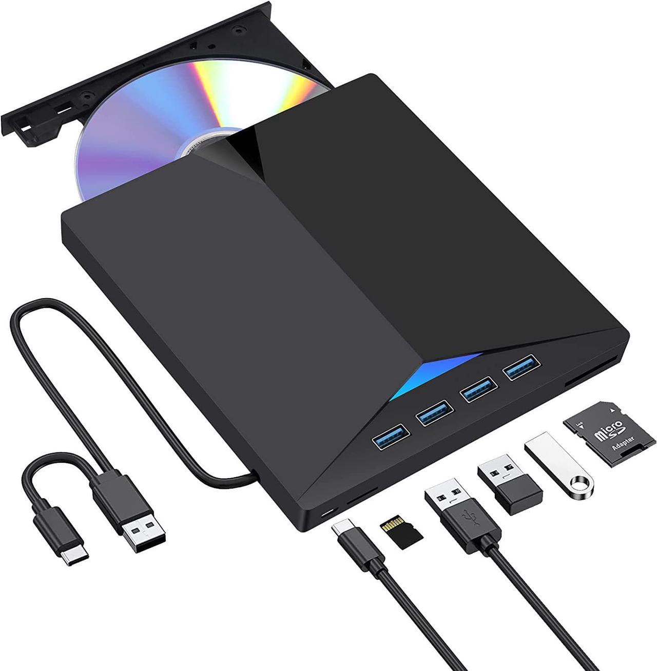 [7 in 1] External CD/DVD Drive for Laptop, USB 3.0 & Type C Ultra-Slim Portable CD/DVD Burner, CD ROM External CD DVD Drive for Laptop Compatible with Laptop Desktop PC Windows 11/10/8/7 Linux Mac OS