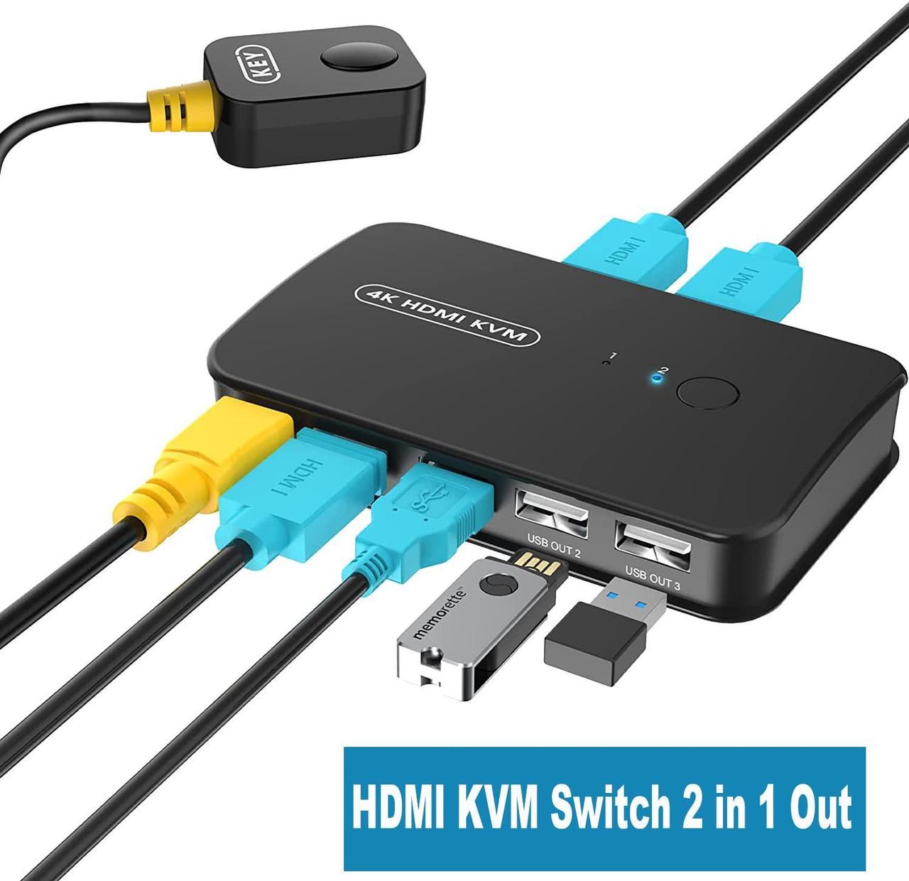 2 Port 4K HDMI KVM Switch Box, USB and HDMI KVM Switch for 2 Computers Share Keyboard Mouse Printer and one HD Monitor, Support UHD 4K @30Hz, with Remote Controller and 2 HDTV KVM Cables