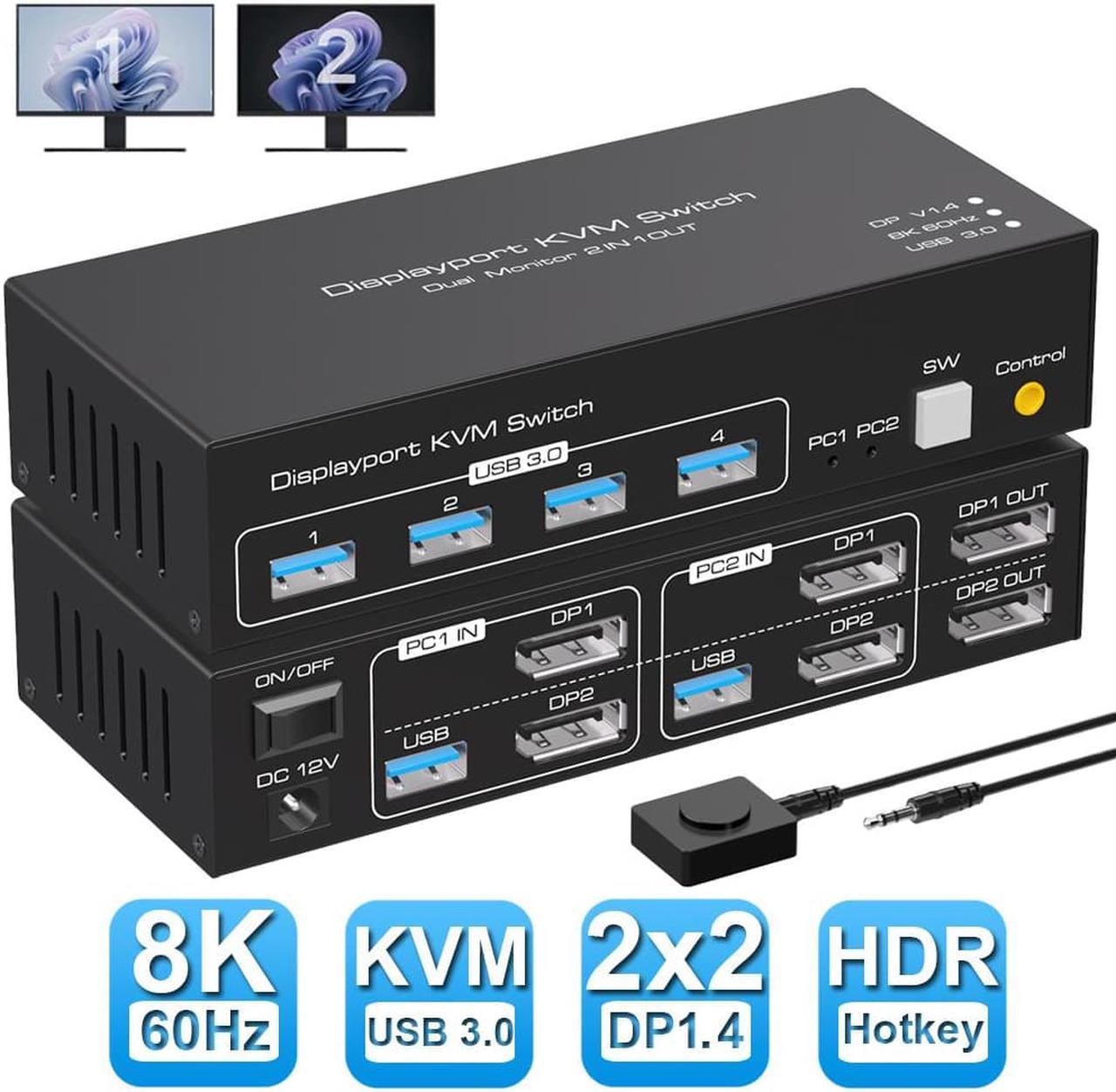 8K@60Hz 2 Port Dual Monitor Displayport KVM Switch, USB 3.0 DP 1.4 KVM switches for 2 Computers Share 2 monitors and 4 USB Devices Support 4K@120Hz DP 1.4 with External kit and Power adapter