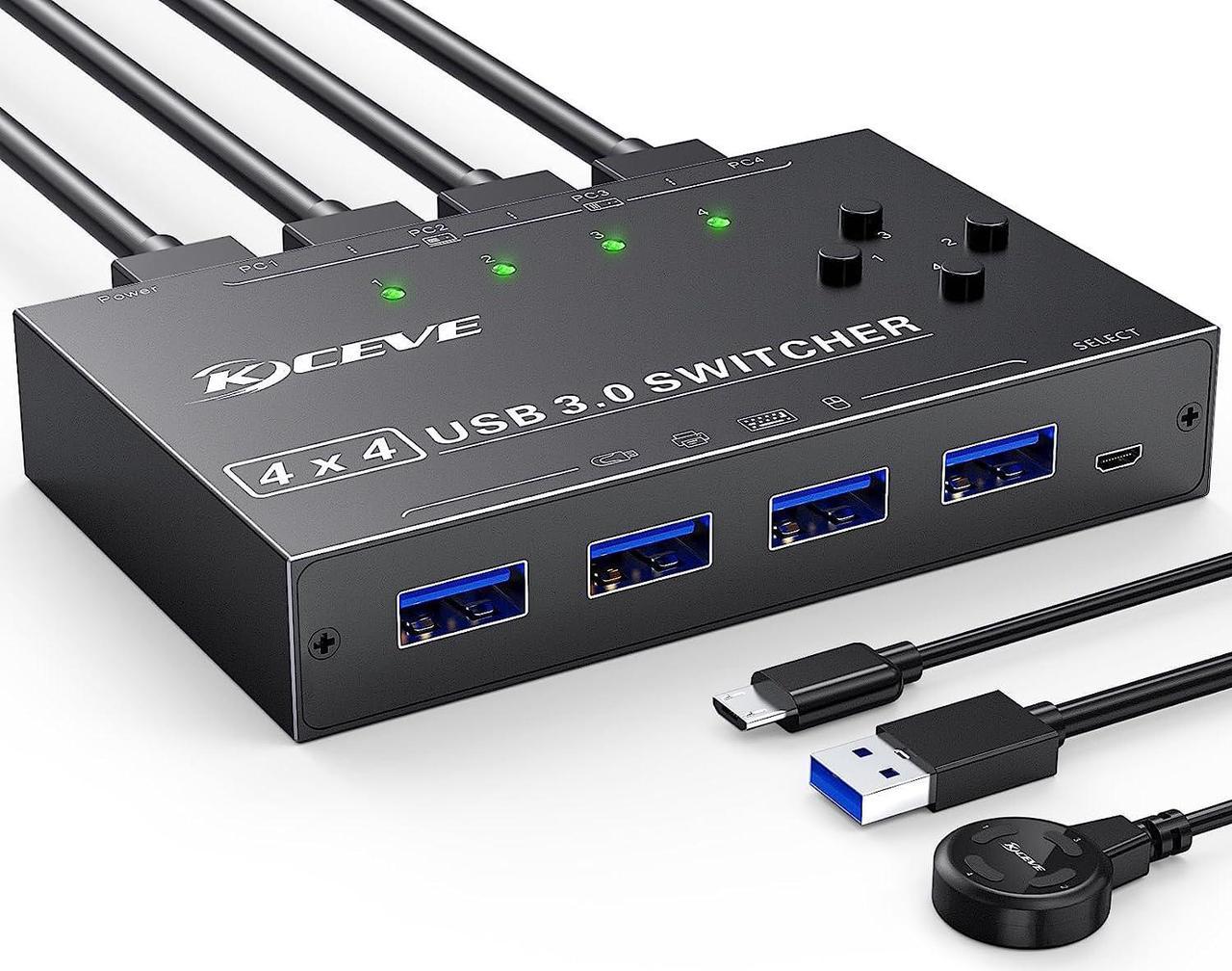 4x4 USB 3.0 Switch, 4 Port USB Switch Selector for 4 Computers Sharing 4 USB Devices, Keyboard Mouse Switch, USB Switcher Compatible with Mac/Windows/Linux,Wired Remote and 4 USB 3.0 Cable Included