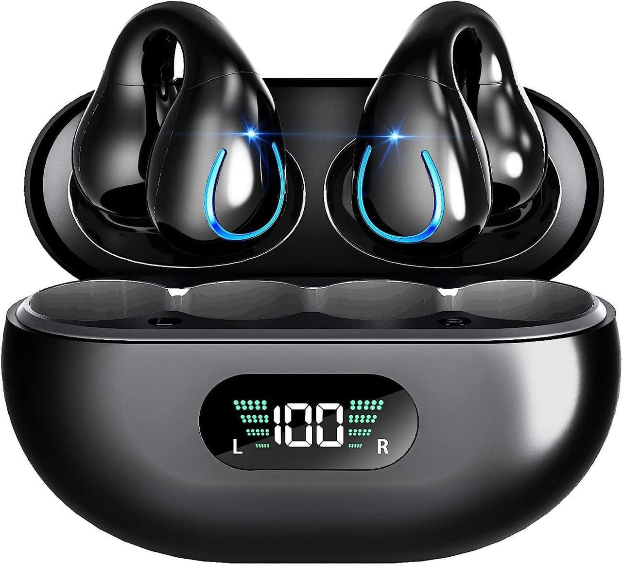 Clip On True Wireless Earbuds, Wireless Bluetooth V5.3 Air Conduction Open Ear Headphones, 80 Hours Playtime with Charging Case, IPX4 Waterproof Earphones Sport Cycling Running Work Earbud Hooks