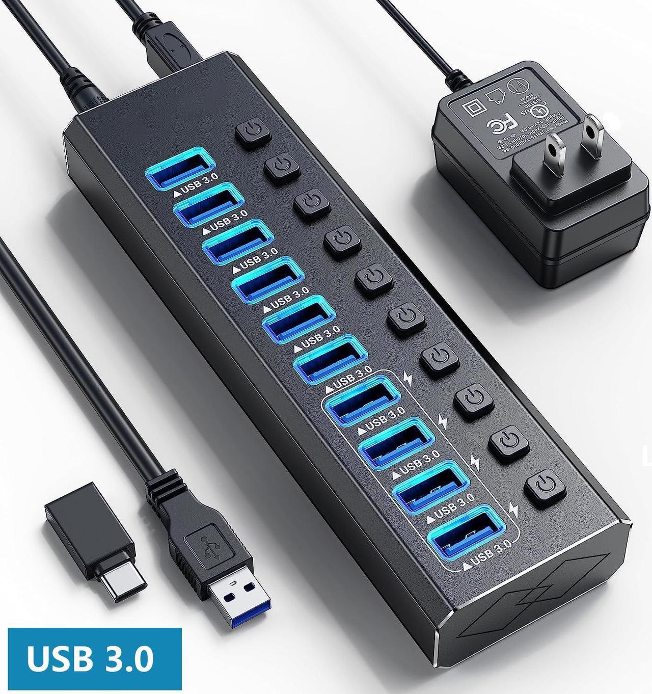 Powered USB 3.0 Hub, 10-Port Powered USB Hub 3.0 with Individual Switch,  Aluminum Alloy Fast Charging USB 3.0 Hub USB Expander Compatible with All USB Devices Laptops Desktops (12V 4A Power Adapter)