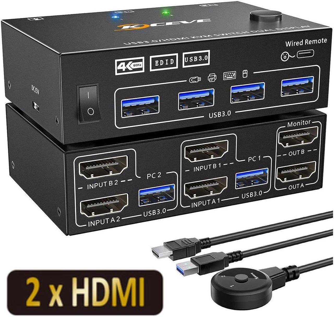 HDMI KVM Switch 2 Computer 2 Monitors, HDMI USB 3.0 KVM Switch Dual Monitors with EDID Function, Supports 4K @60Hz for 2 Computers Share 2 Monitors and 4 USB 3.0 Ports,Wired Remote and Cables Included