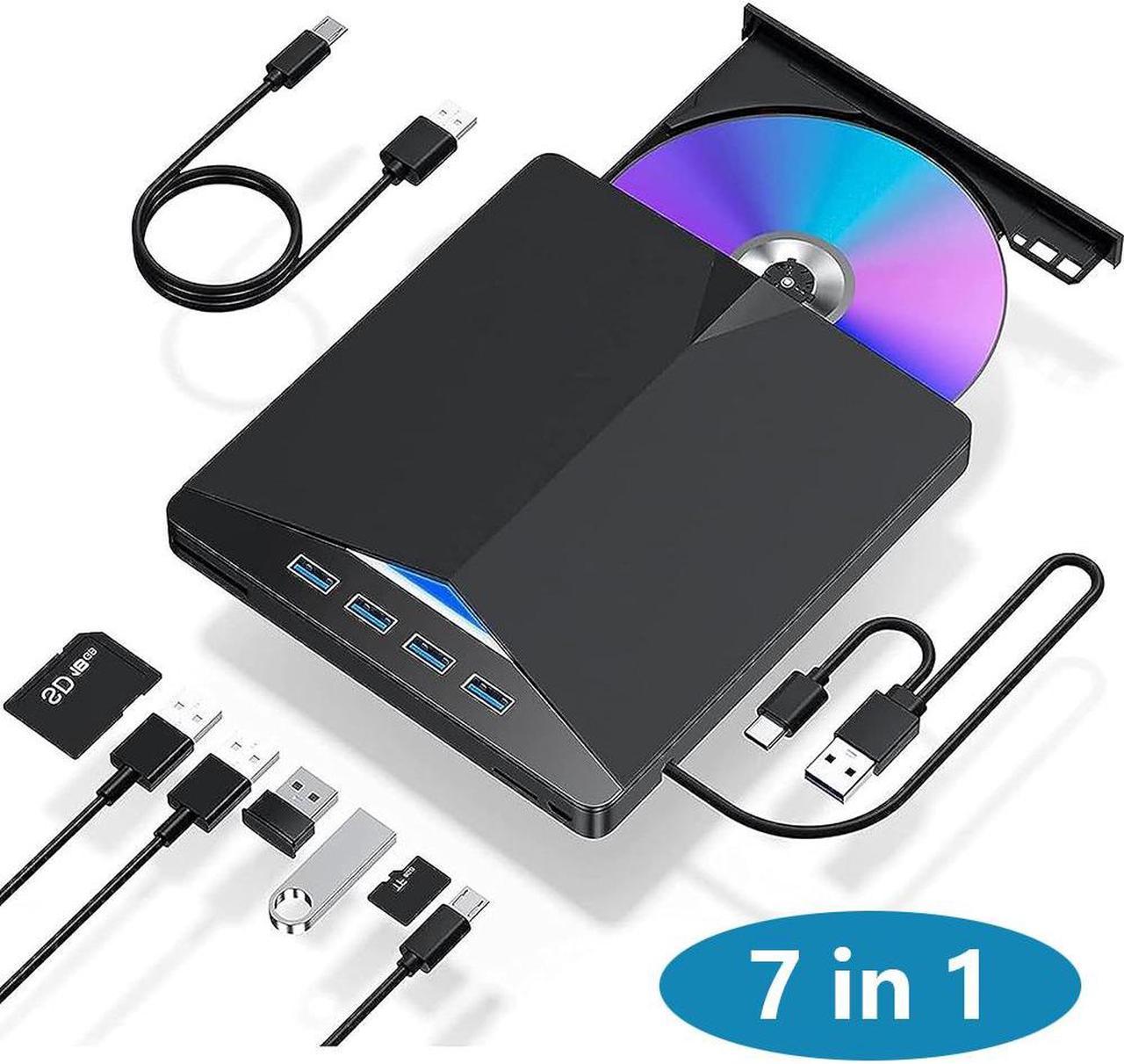 7-in-1 External CD DVD Drive for Laptop, USB 3.0 Type C CD DVD Player Burner with Card Reader 4 USB Ports Hub, Portable Slim CD DVD ROM for Desktop PC Compatible with Windows 11/10/8/7 Linux MacOS