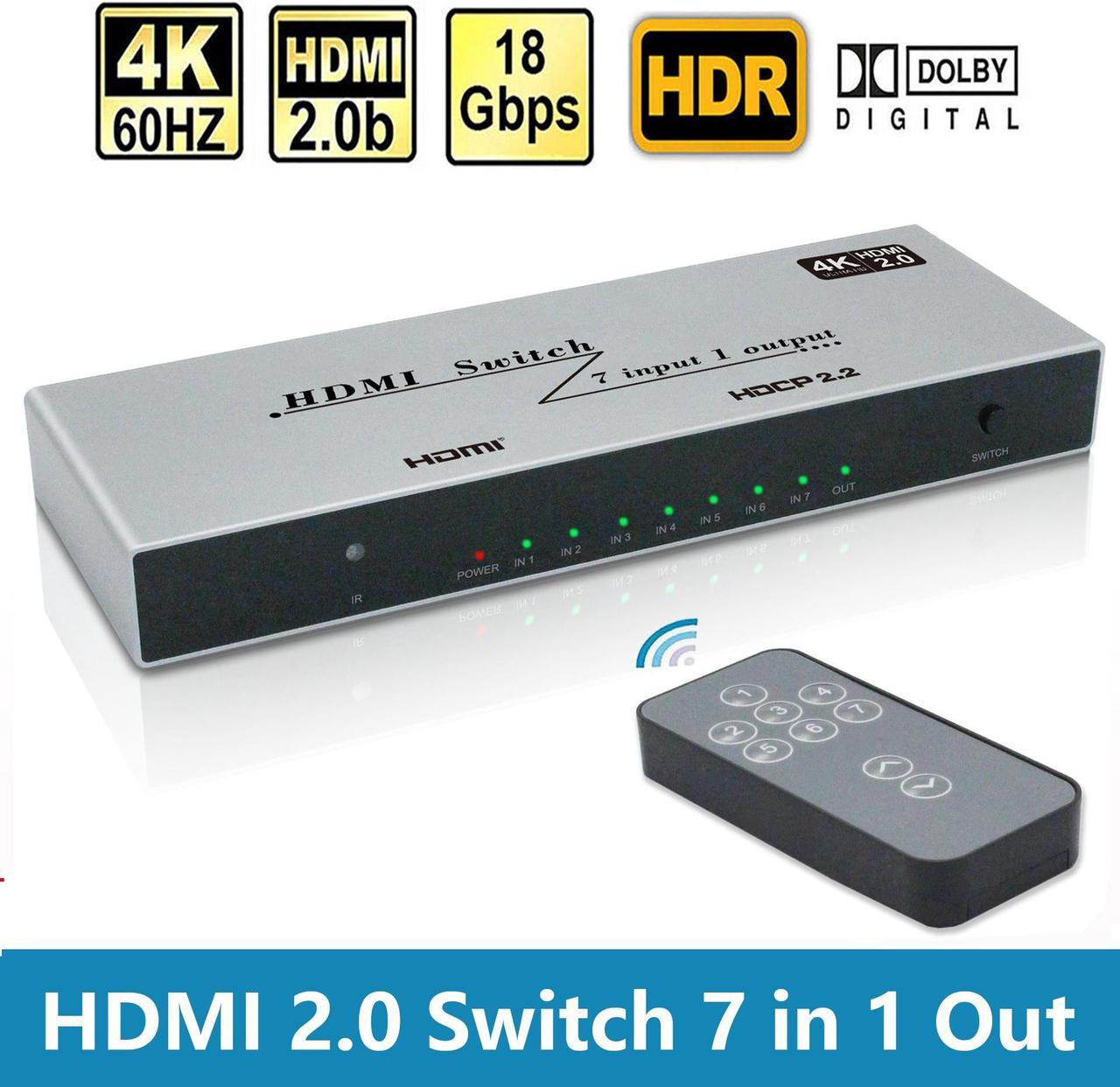 HDMI 2.0 Switch 7 in 1 Out - 4K @60Hz HDMI Selector Switch with Remote,18Gbps HDMI 2.0 HDR HDCP 3D, Support 4K@60Hz 2160p 1080p Premium Quality Auto Switcher Hub for PS4/5 Xbox,TV, Nintendo