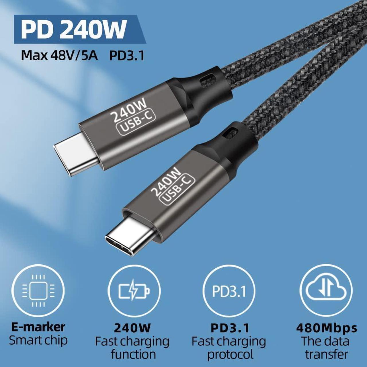 Alt view image 2 of 7 - USB C to USB C Cable 240W 10ft / 3M, Type C Charging Cable, USB C 240W Fast Charging Cord Nylon Braided Type-C Cable Compatible with Mac-Book Pro, i-Pad Pro, Air 4th, Ga-laxy S21, Pixel, and More
