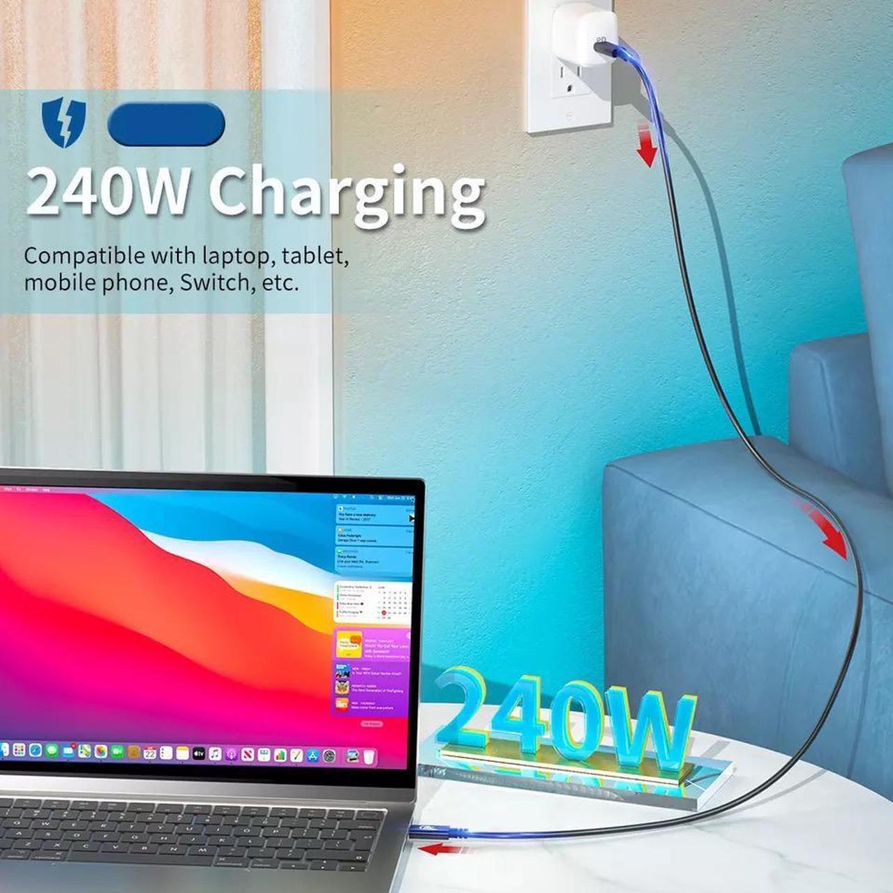Alt view image 3 of 7 - USB C to USB C Cable 240W 10ft / 3M, Type C Charging Cable, USB C 240W Fast Charging Cord Nylon Braided Type-C Cable Compatible with Mac-Book Pro, i-Pad Pro, Air 4th, Ga-laxy S21, Pixel, and More