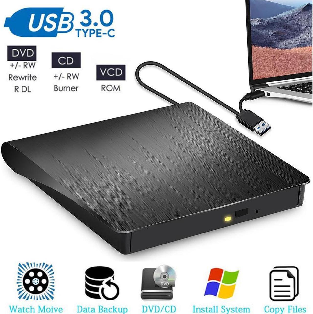 External CD/DVD Drive for Laptop, USB 3.0 Type C Portable DVD Player for Laptop, CD ROM Burner Writer External Disk Drive Optical DVD Drive Compatible with Laptop Desktop PC Windows Linux MacOS