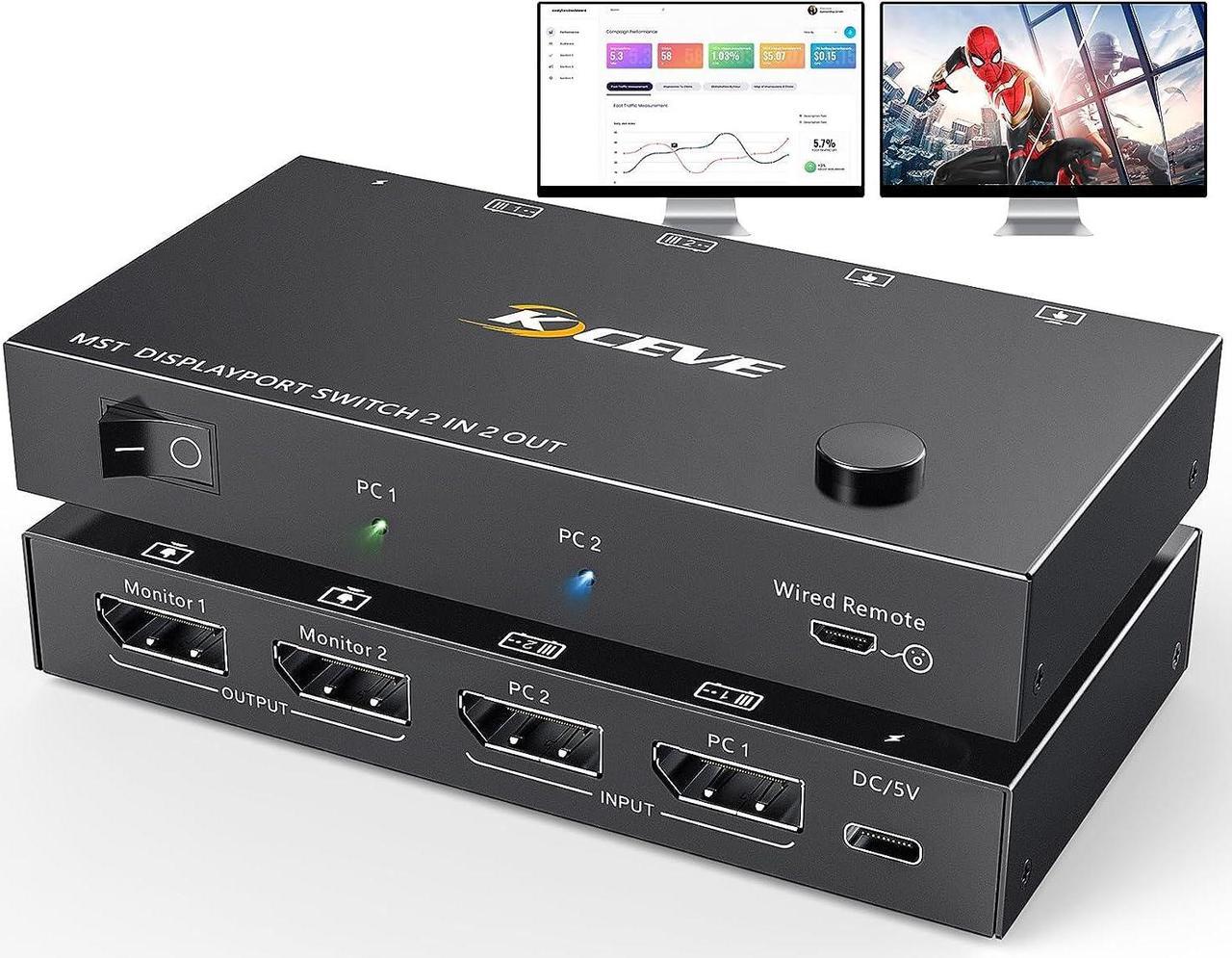 MST Displayport Splitter Switch 2 in 2 Out 4K @60Hz, 2 Port Displayport Switcher for 2 Computers 2 Monitors, Support Extend and Mirror Mode for PCs with DP or USB C Port, Wired Remote Included