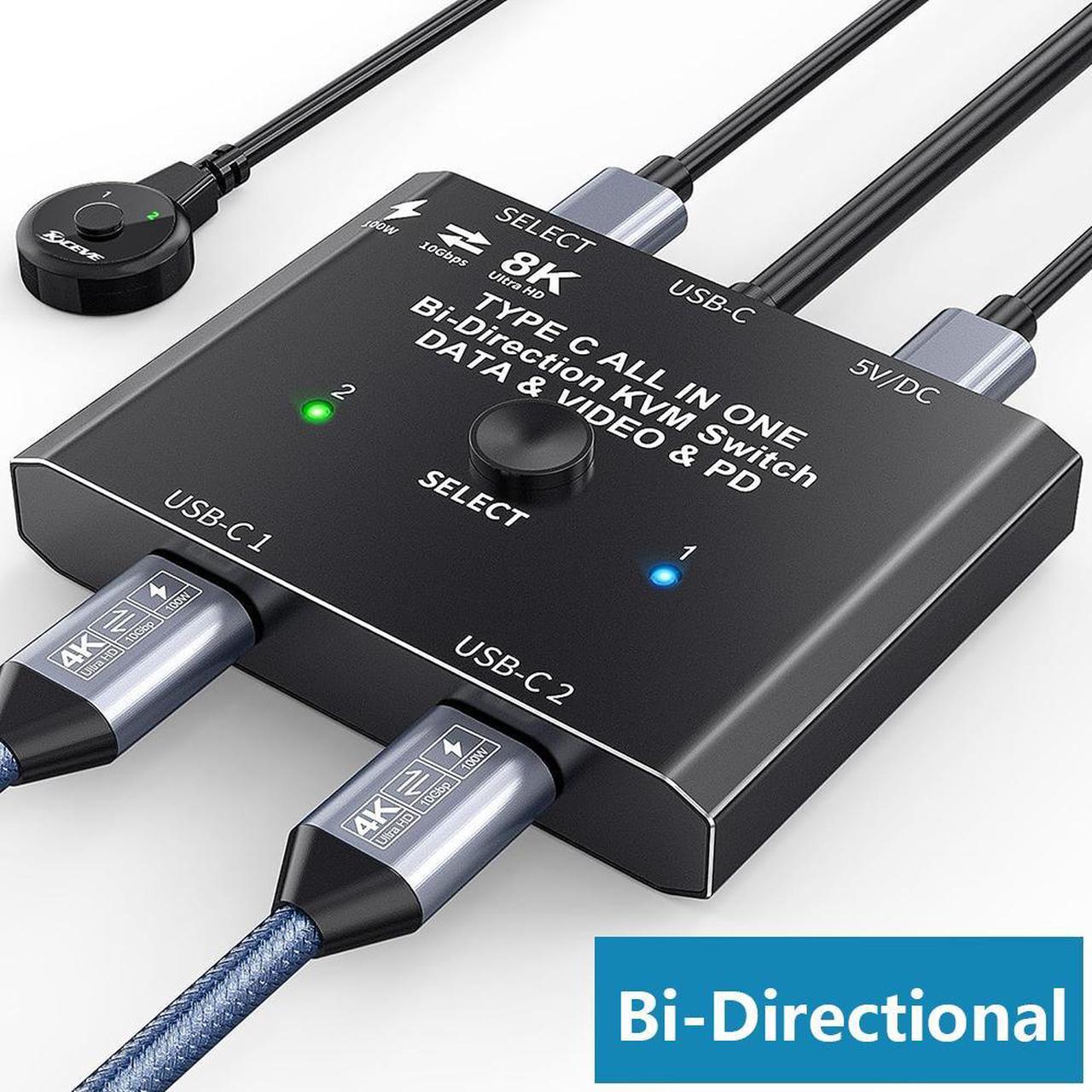 USB C Switch 2 in 1 Out / 1 in 2 Out, Bi-Directional USB C Switcher 2 Computers, USB C KVM Switch Support 8K @30Hz 4K @120Hz Video,10Gbps Data Transfer,2 USB-C Cables and Wired Controller Included