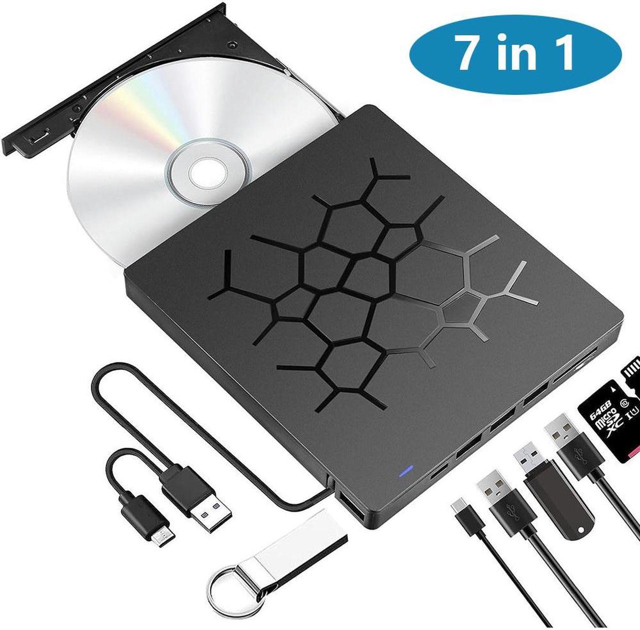 External CD DVD Drive [7 in 1], USB 3.0 Type C Portable CD/DVD Rewriter Burner, Low Noise High Speed Data Transfer Drive, Slim Optical CD ROM Drive for Laptop Desktop PC Windows 7/8/11/10 Linux MacOS