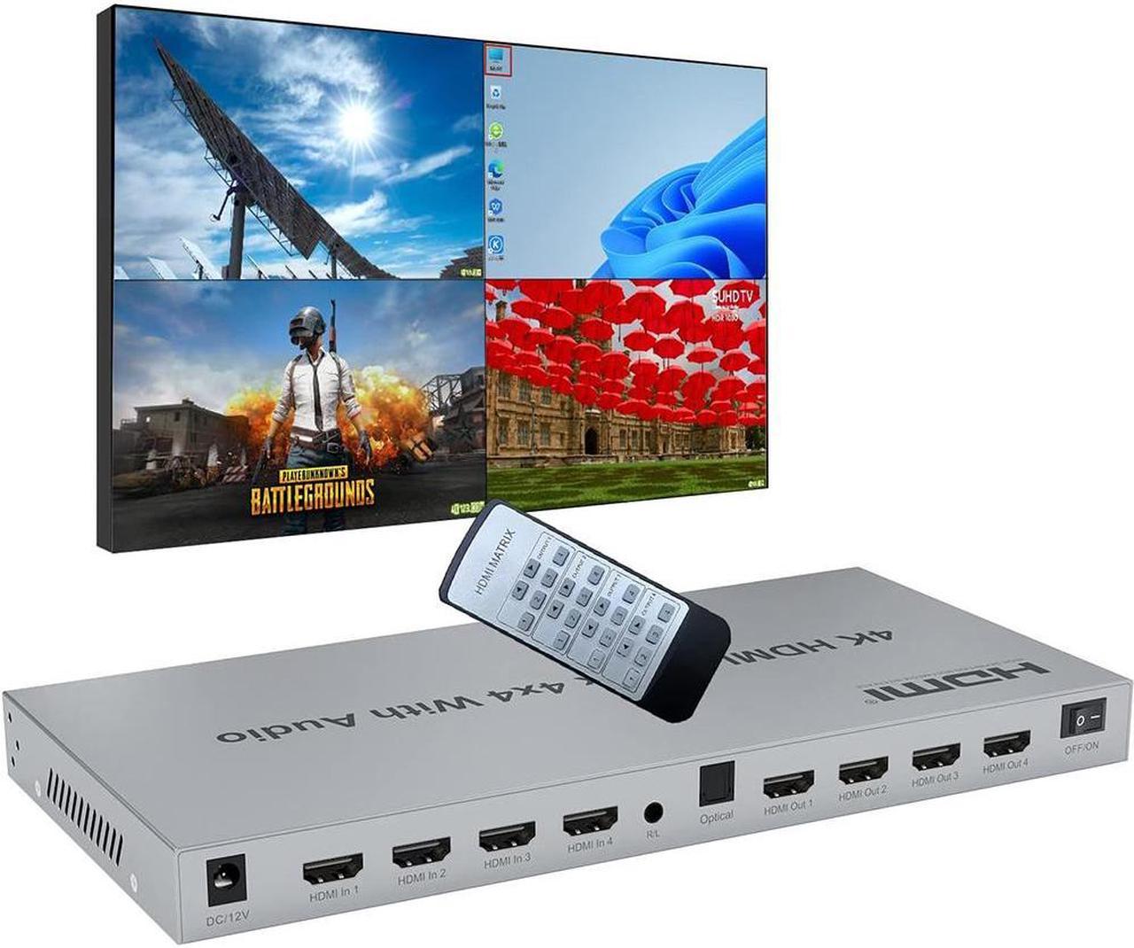 4K HDMI Matrix, 4x4 Audio HDMI Splitter Switch, 4 HDMI in 4 HDMI Out HDMI 1.4 Switcher, 3.5mm Out Audio Swith and EDID, Support IR Remote, Button Press, RS232, 4K @30HZ, 1080P 3D, HDCP, YUV 4:4:4