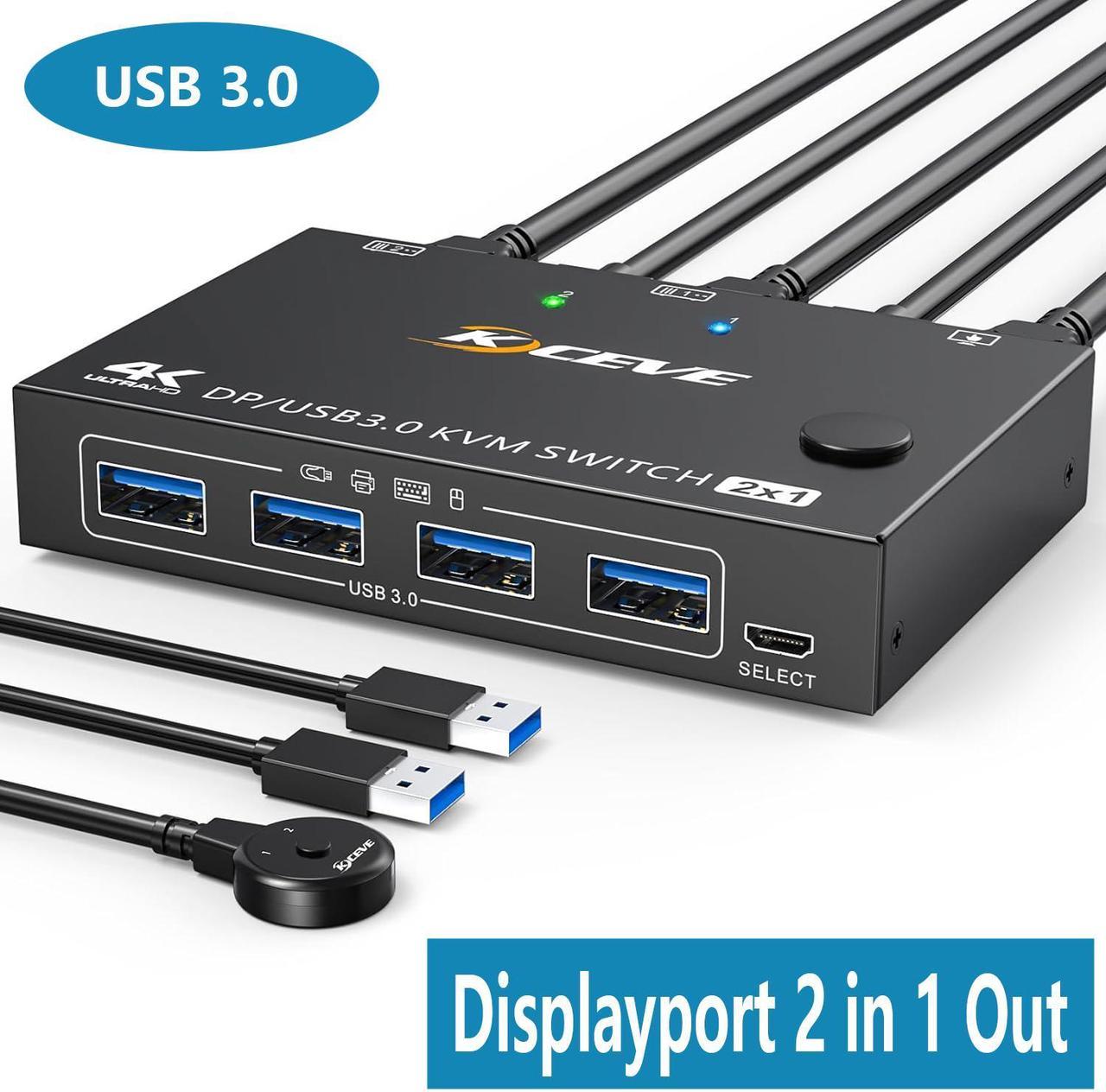 USB 3.0 KVM Switch Displayport 8K@30Hz 4K@120Hz, 2 Port Displayport KVM Switch 2 PC 1 Monitor Support DP1.4 Compatible with D1.2, DP KVM Switch 2 in 1 Out Includes 2 USB3.0 Cables and Wired Controller