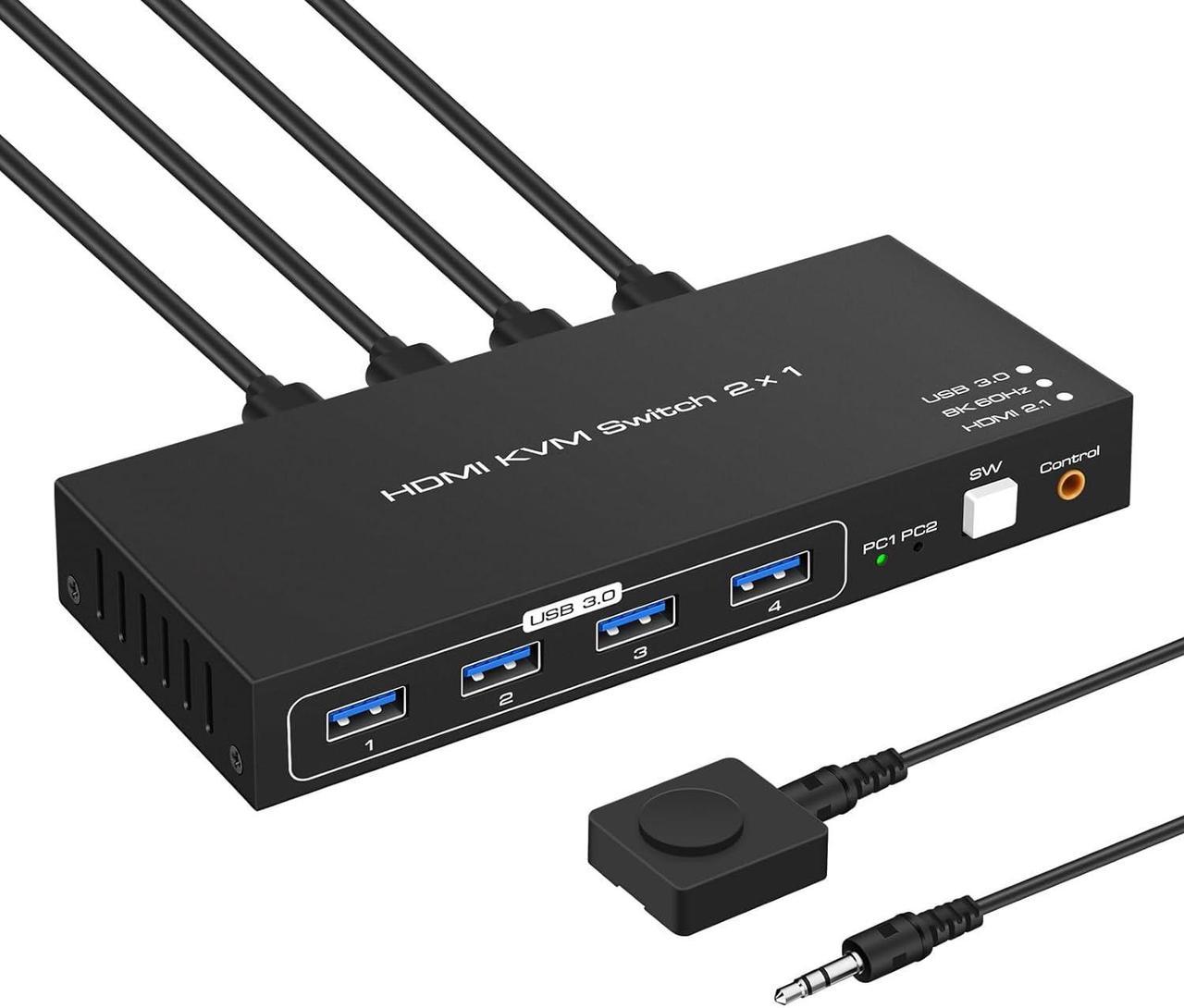 USB 3.0 HDMI KVM Switch 8K@60hz Ultra HD Resolution, 2 in 1 Out HDMI KVM Switches 4 USB Hub, 2 Computers 1 Monitor Switch Support 4K@120Hz, 2 PCs Share Keyboard Mouse Printer Scanner, with Controller