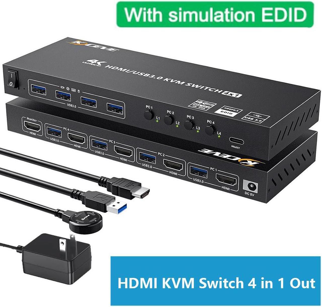 USB 3.0 HDMI KVM Switch 4 Port Support 4K@60Hz 2K@120Hz RGB 4:4:4 Simulation EDID, HDMI KVM Switch 4 in 1 Out with 4 USB 3.0 Port for Keyboard Mouse Printer,with Controller, USB 3.0 and HD-MI Cable