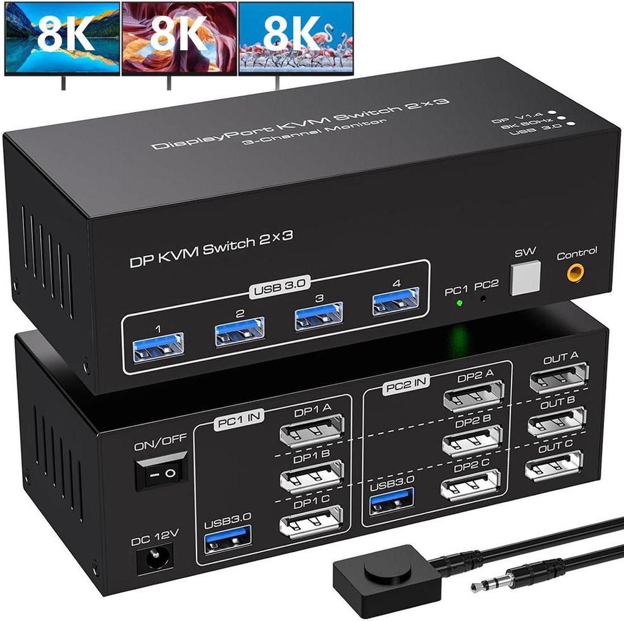 8K Triple Monitor Displayport KVM Switch 2 Computer 3 Monitors 4K144Hz 8K60Hz Triple Monitor KVM Switches DP 1.4 witch 4 USB 3.0 for 2 PC Share 3 Monitors With DC12V Adapter and 2 USB Cables