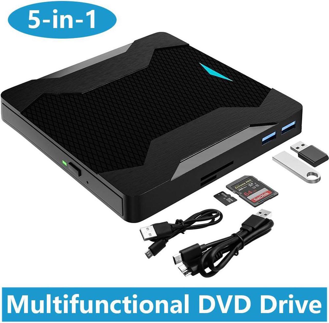 5-in-1 External DVD Drive, USB 3.0 Type-C External DVD CD Drive DVD/CD+/-RW Burner Optical Drive with Breathing Light with Color Change, 2 USB Port & SD TF Slot for Windows, Linux, MacOS (Black)