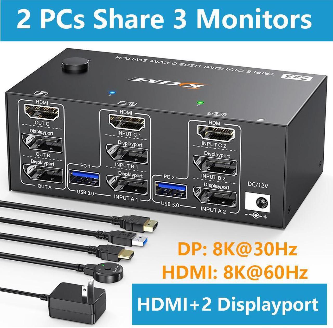 Triple Monitor KVM Switch 3 Monitors 2 Computers 8K@60Hz 4K@144Hz, HDMI + 2 Displayport KVM Switch Triple Monitor for PC, Laptop Share 3 Monitors and 4 USB 3.0 Device, with Wired Remote and 5 Cables