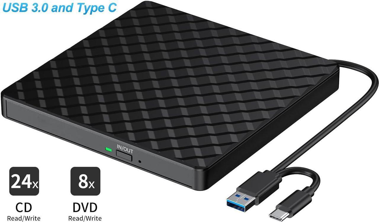 External CD/DVD Drive for Laptop, USB 3.0 & Type C CD DVD +/-RW Drive Burner DVD Player, External CD ROM Reader Writer Optical Drive Compatible with Laptop PC Mac MacBook Windows 11/10/8.1/7 Linux