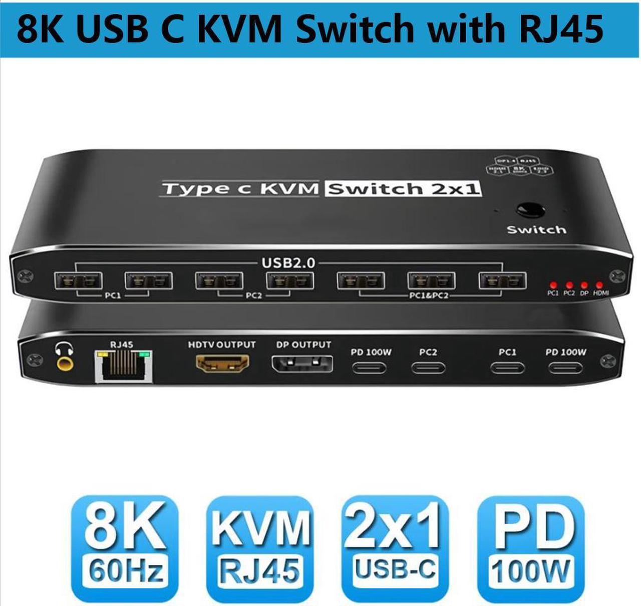 2x1 Type-C KVM Switch 8K@60Hz 2 in 1 Out, 2 Ports 8K Thunderbolt 4 USB C KVM Switch with Ethernet RJ45 100W PD Charge 3.5mm Audio Jack, Type C KVM Switch Switcher for 2 Computer 1 Monitor, Smart EDID