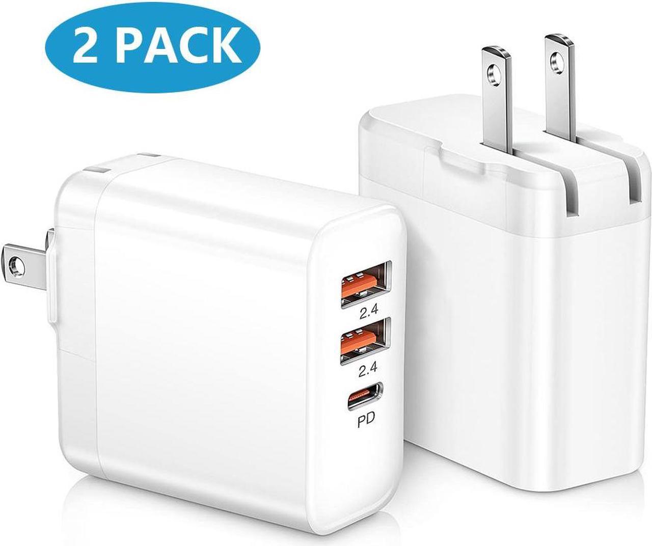 USB C Charger [2 Pack], 30W 3-Port Fast Type C Wall Charger Block with PD 3.0 + 5V/2.4A Foldable USB C Charging Block Plug Compatible for i-Phone 14/13/Pro Max/Sa-m-su-ng Galaxy/Pixel 7 - White