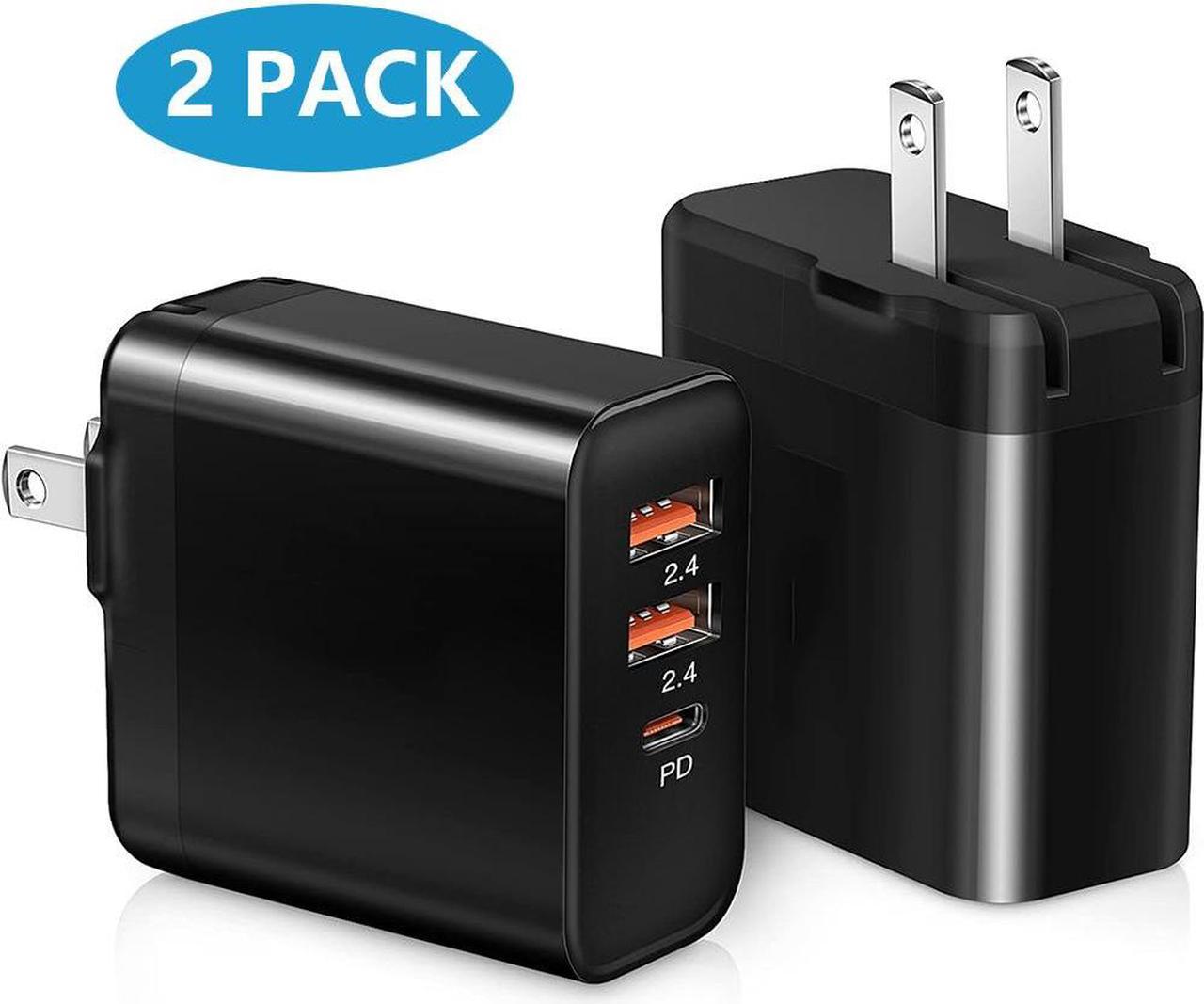 USB C Charger [2 Pack], 30W 3-Port Fast Type C Wall Charger Block with PD 3.0 + 5V/2.4A Foldable USB C Charging Block Plug Compatible for i-Phone 14/13/Pro Max/Sa-m-su-ng Galaxy/Pixel 7 - Black