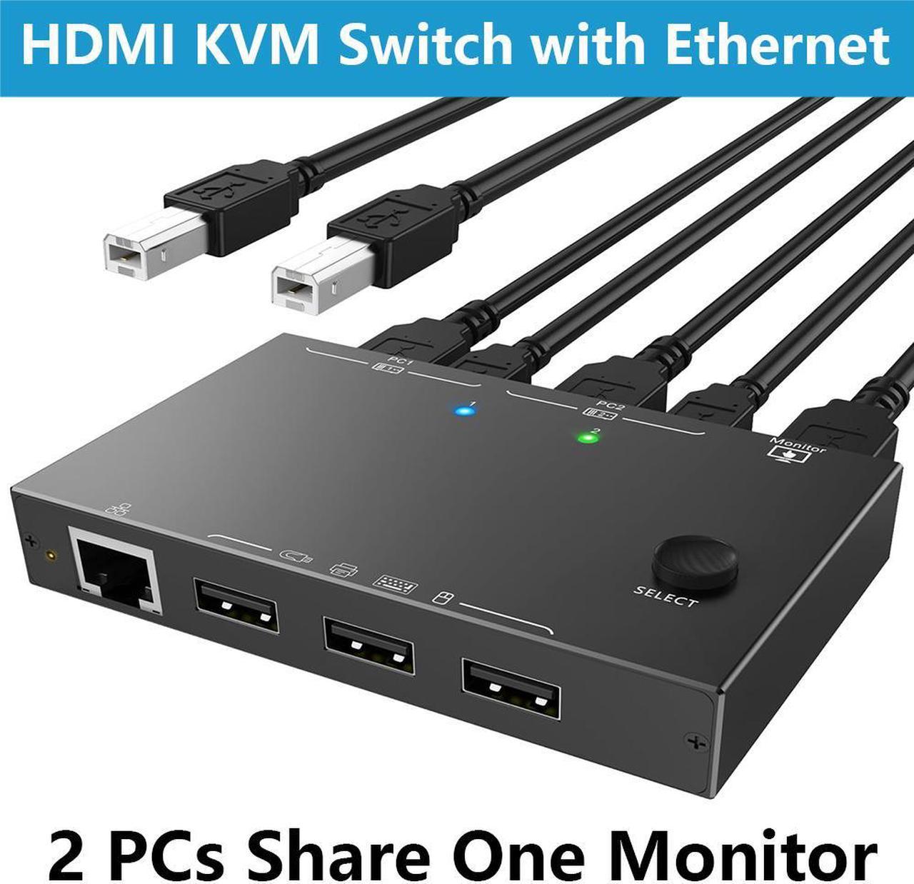 2 Port HDMI KVM Switch 2 PC 1 Monitor 4K@60Hz 2K@144Hz, 2 in 1 Out HDMI KVM Switch with Ethernet and 4 USB 2.0 ports for 2 PC Sharing 1 Monitor and keyboard, mouse, printer, U disk, with 2 USB cables