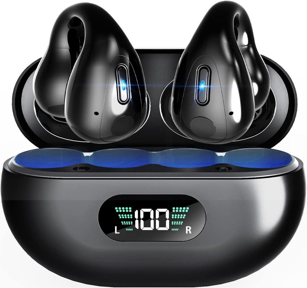 Open Ear Headphones, Clip On Wireless Earbuds Bluetooth 5.3, Sports Earphones with ENC Mic, 36 Hours HIFI Earpods with LED Display Charging Case, IPX7 Waterproof Running Ear Buds