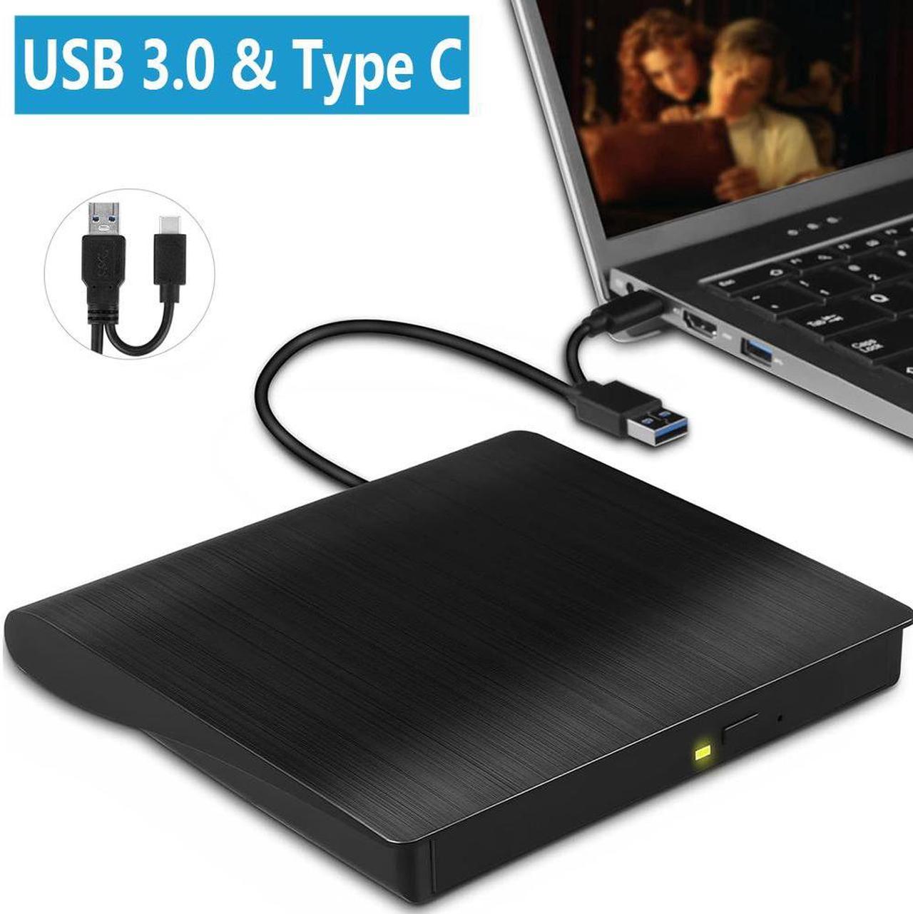 External CD DVD Drive, USB 3.0 & Type-C CD Burner Portable CD DVD +/-RW Optical Drive Slim CD DVD ROM Rewriter CD/DVD Player Writer Reader for Laptop Desktop Mac-Book PC Windows Linux Mac OS (Black)