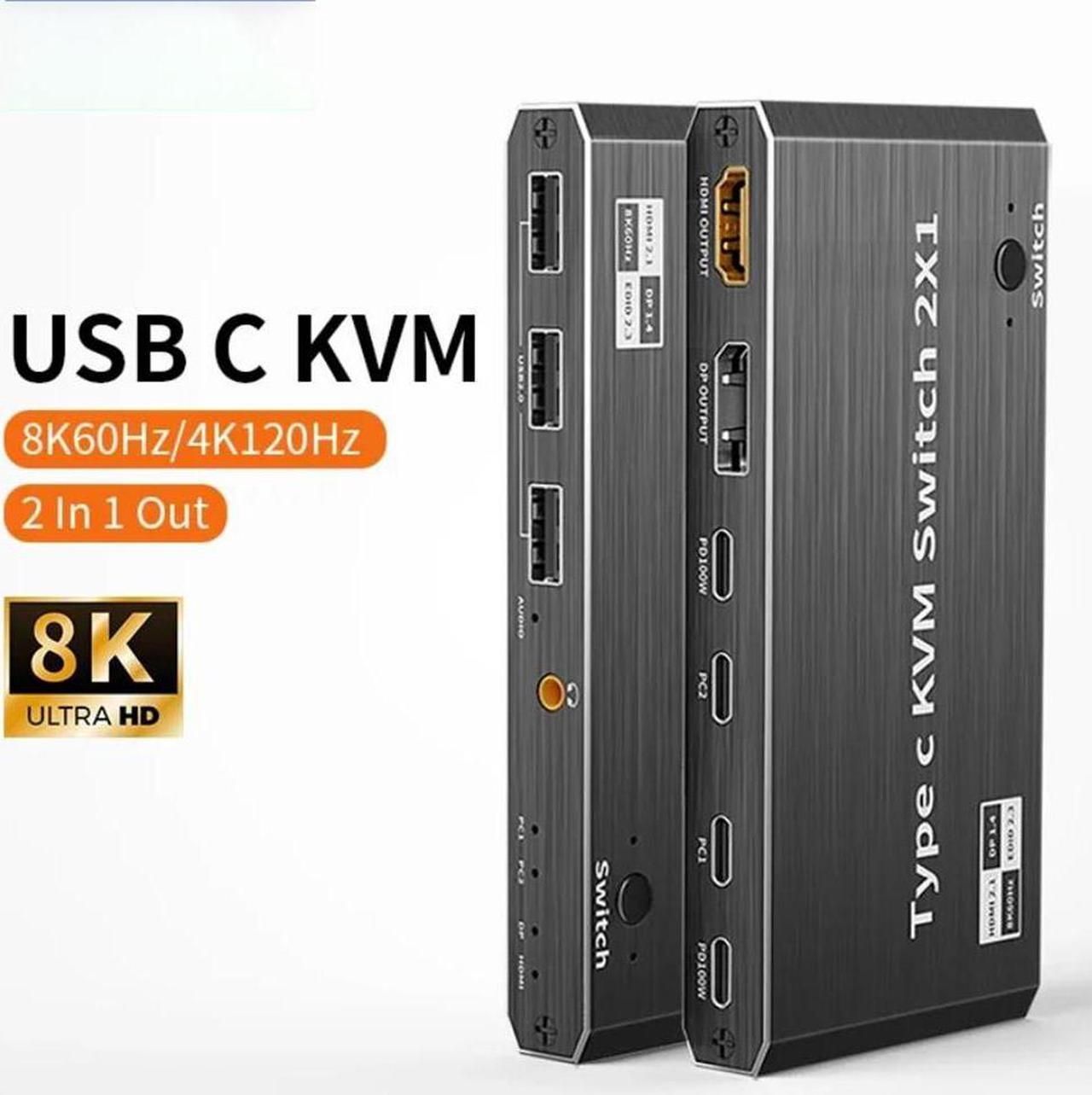 USB-C KVM Switch 2 in 1 Out (HDMI or DP Out), 2 Port Type-C KVM Switch, USB-C KVM with 4 USB 2.0 Port Support 8K@60Hz, 100W PD Fast Charging, 2 PC Share Mouse, Keyboard and DisplayPort/HDMI Monitor