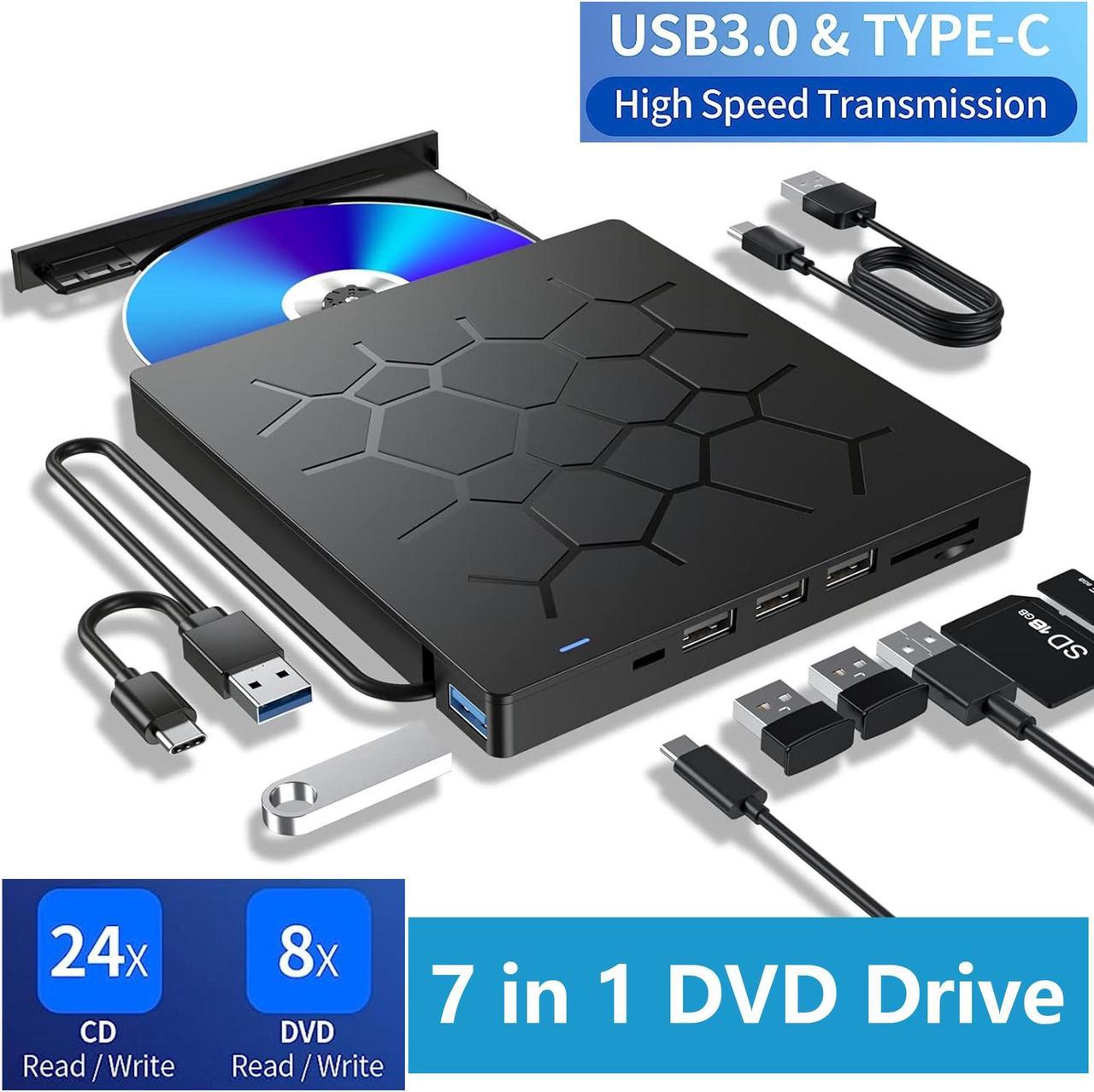 External CD/DVD Drive for Laptop, [7 IN 1] USB 3.0 & Type C Ultra-Slim Portable DVD Player, CD ROM Burner Writer External Disk Drive Optical Compatible with Laptop Desktop PC Windows Linux MacOS